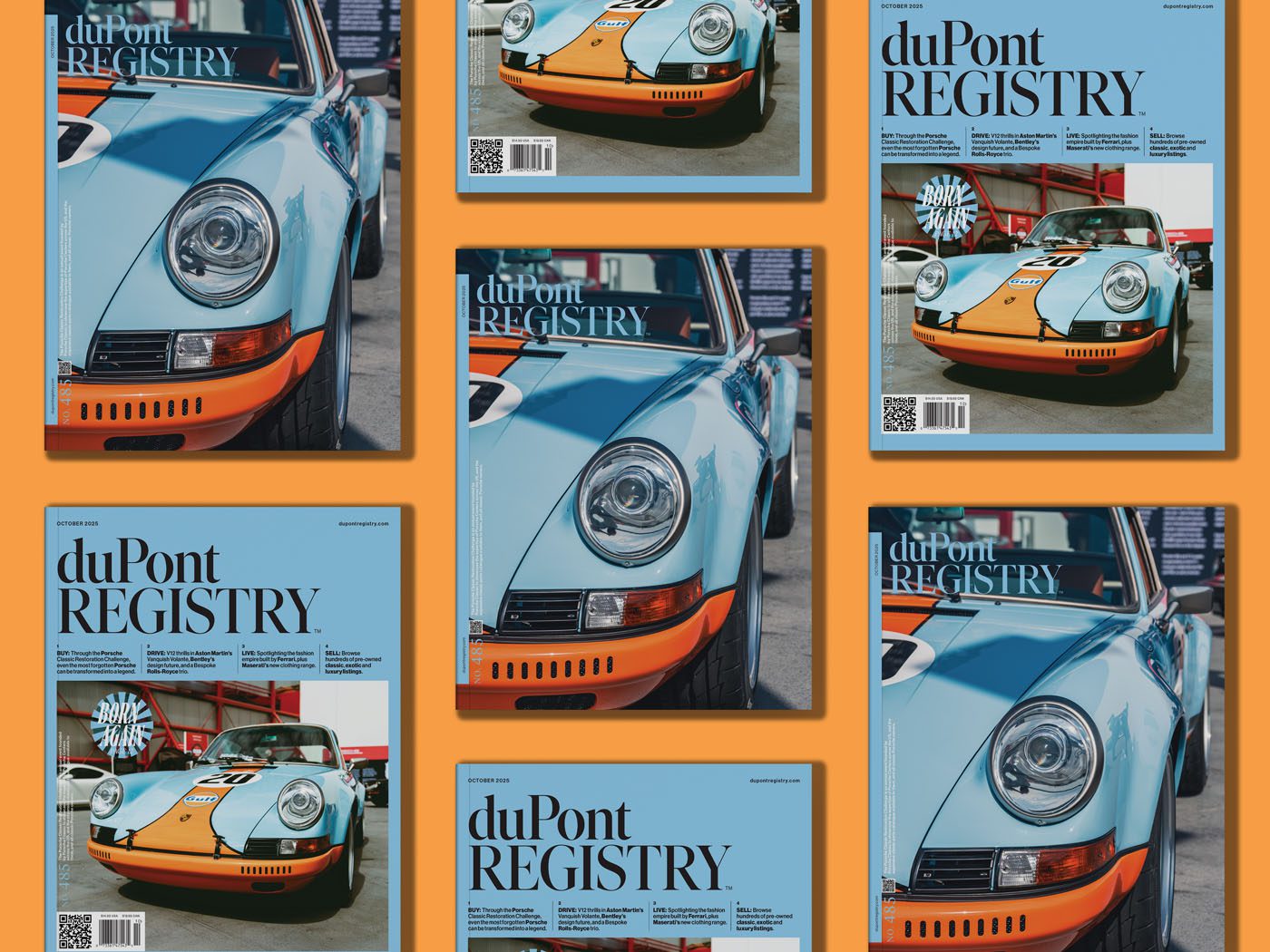 Several copies of the October 2025 duPont REGISTRY magazine, featuring a blue and orange vintage Porsche on the cover, are arranged on an orange background.