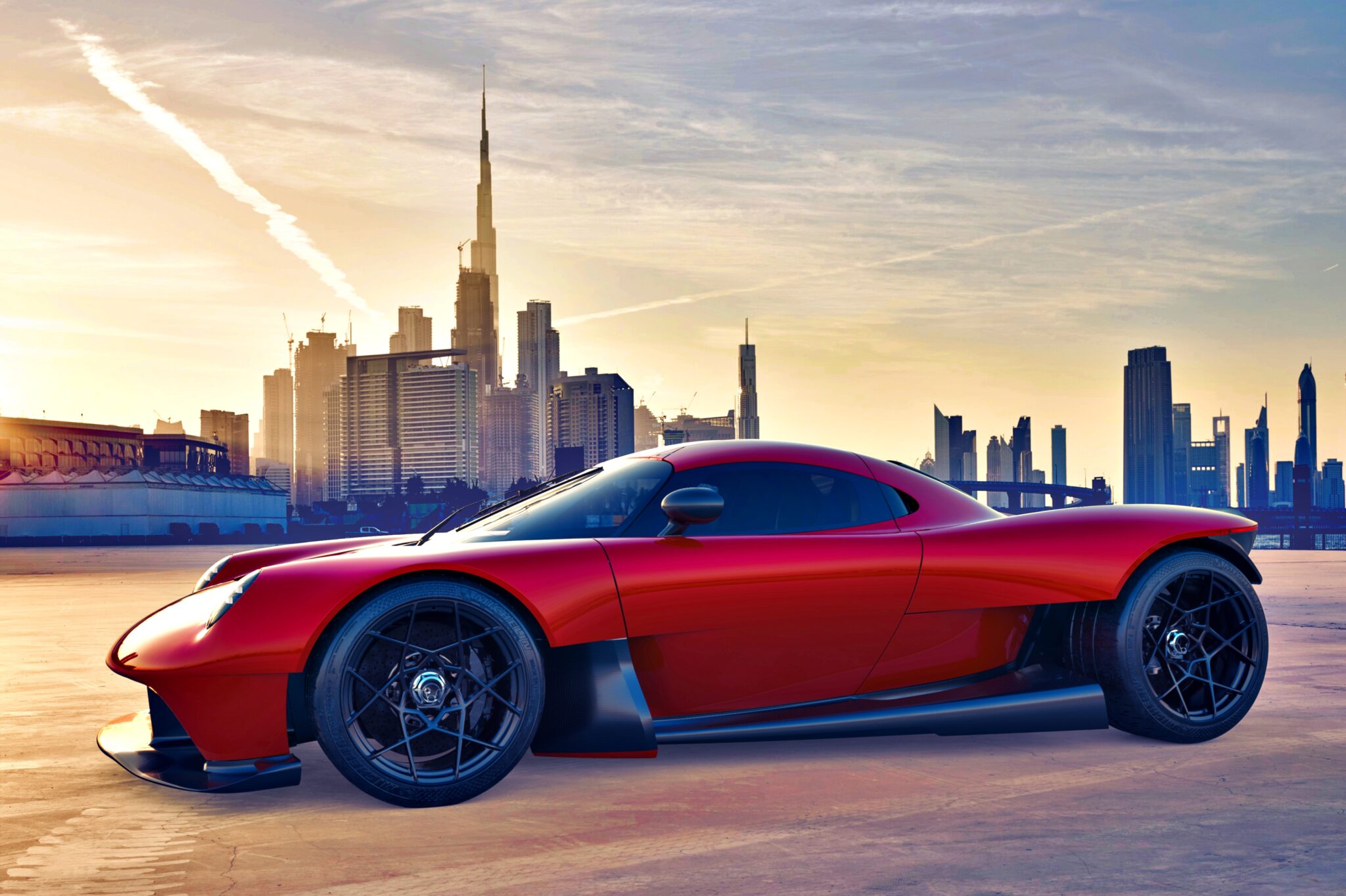 A red sports car is parked on an open surface, modern city skyline and skyscrapers glowing at sunset—a scene echoing Oilstainlab’s Rebellion Against Mediocrity and the spirit behind Feature Exclusive: Inside the Minds Behind the HF-11.