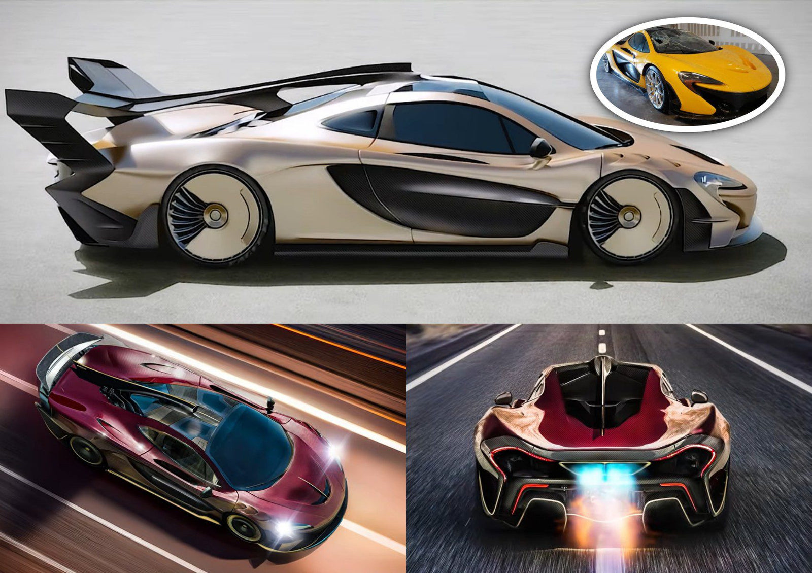 A futuristic P1 EVO sports car is shown from the side, above view in motion, and rear with glowing exhaust; inset displays a yellow McLaren P1 designed by Frank Stephenson.