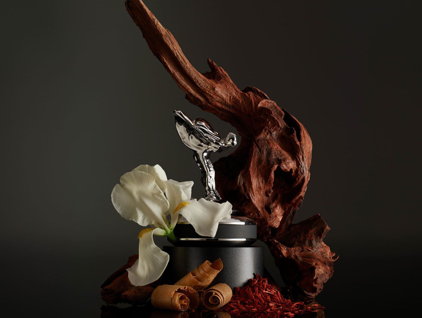 A silver figurine on a round base is surrounded by a white flower, twisted wood, and cinnamon sticks on a dark background, evoking an in-car fragrance as luxurious as the scent within a Rolls-Royce.