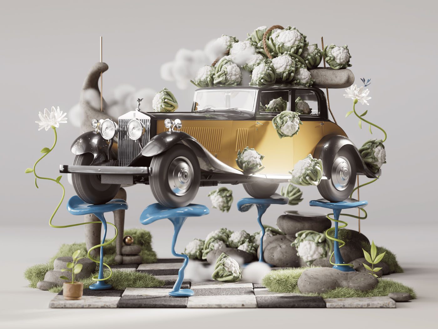 A vintage Rolls-Royce Phantom floats among blue stools, rocks, and clouds, with cauliflower heads and vines weaving around it in a surreal scene that sparks inspiration for artists.