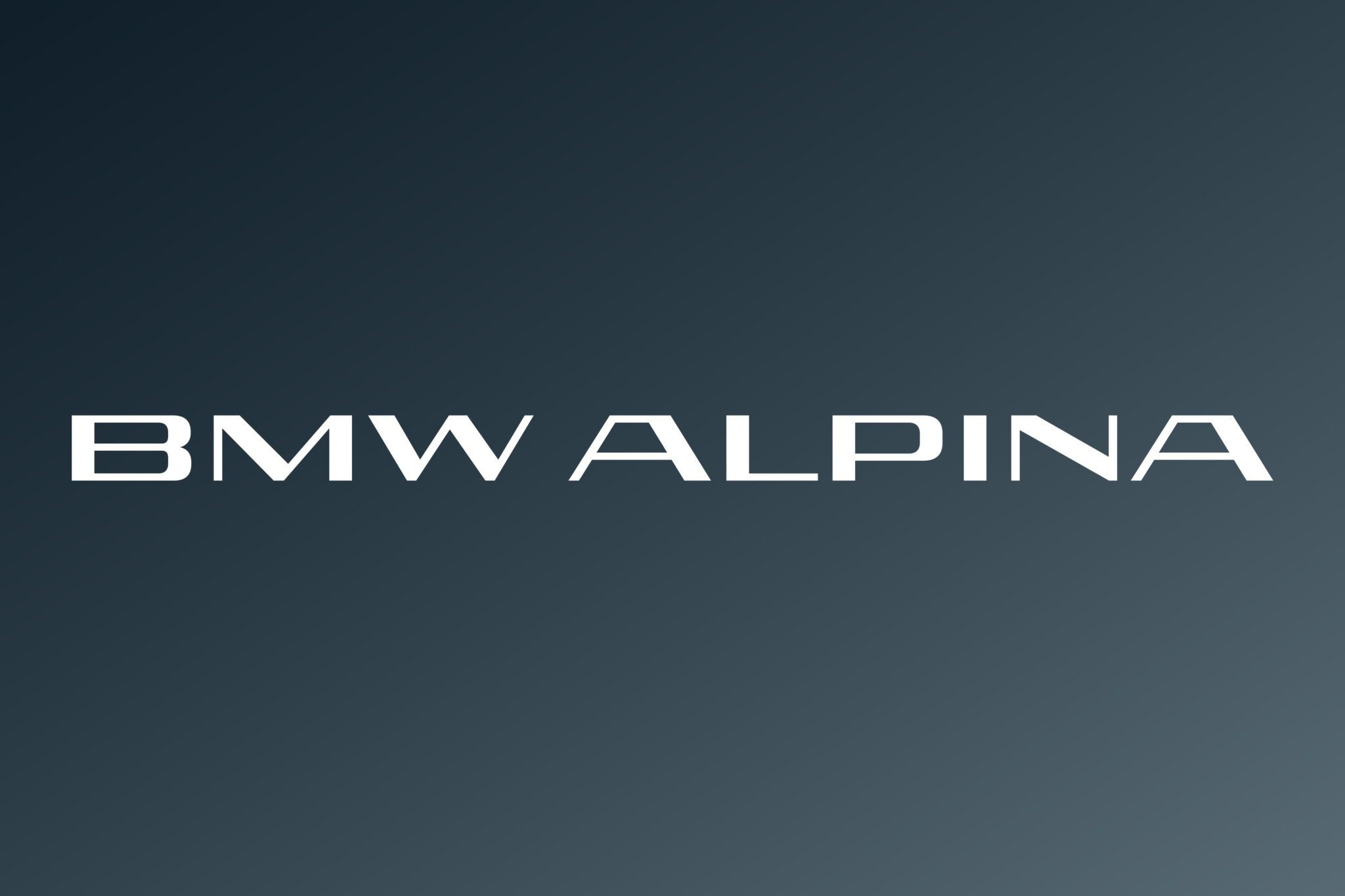 The image displays the words "BMW ALPINA" in white, modern font on a dark blue gradient background.
