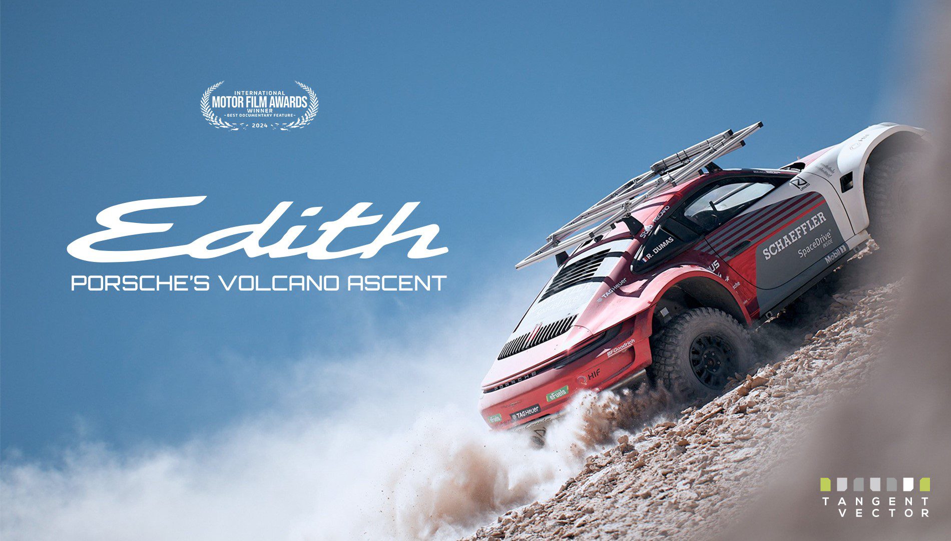 A modified Porsche car climbs a rocky volcano slope under a blue sky, with text overlay reading "Edith: Porsche's Volcano Ascent," as featured in the gripping Edith Documentary on Amazon Prime.
