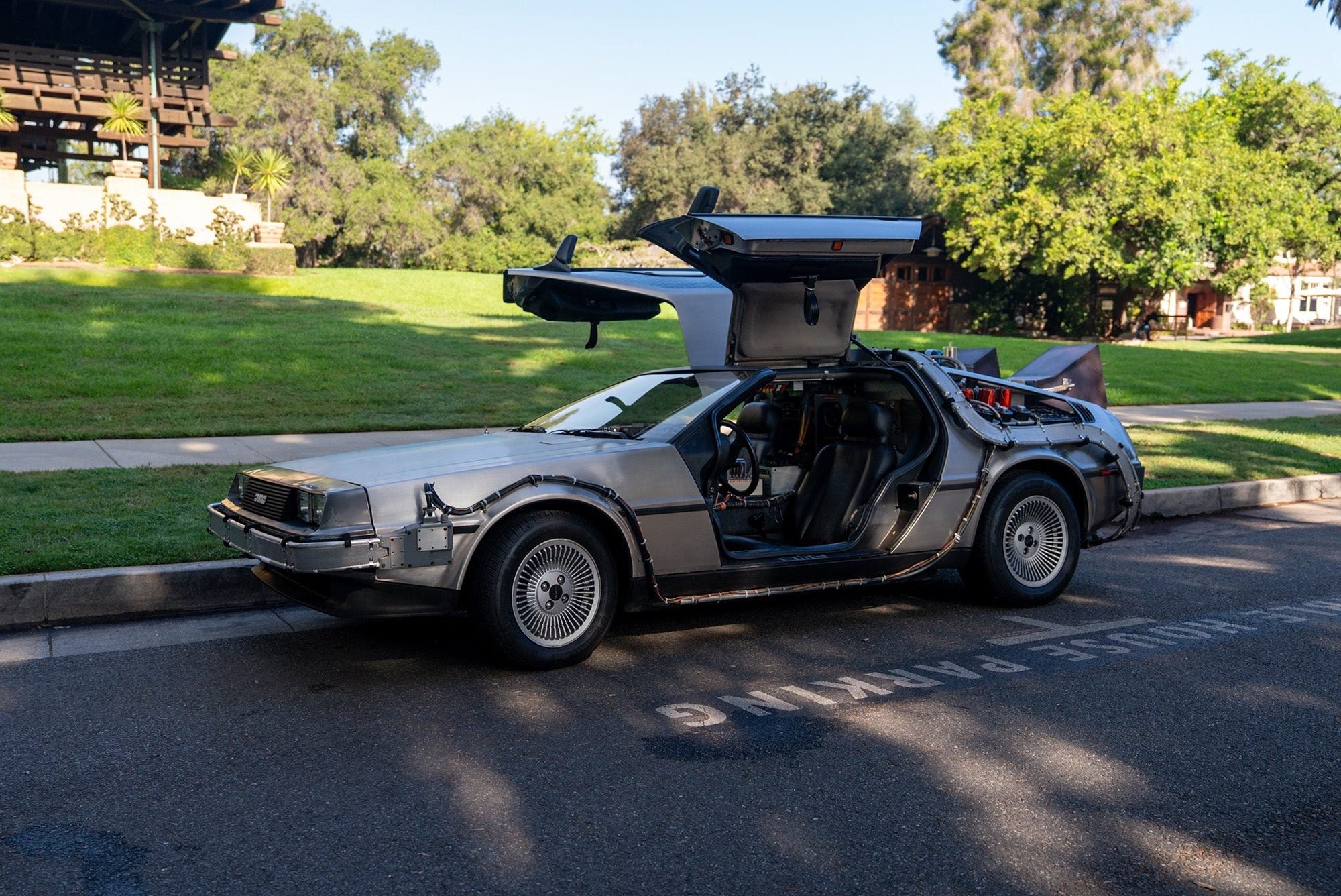 A silver DeLorean car with gull-wing doors open is parked on a street beside a grassy area, its "OUTATIME" license plate catching the eye—perfect for a Film Friday feature. Trees and buildings form the backdrop.