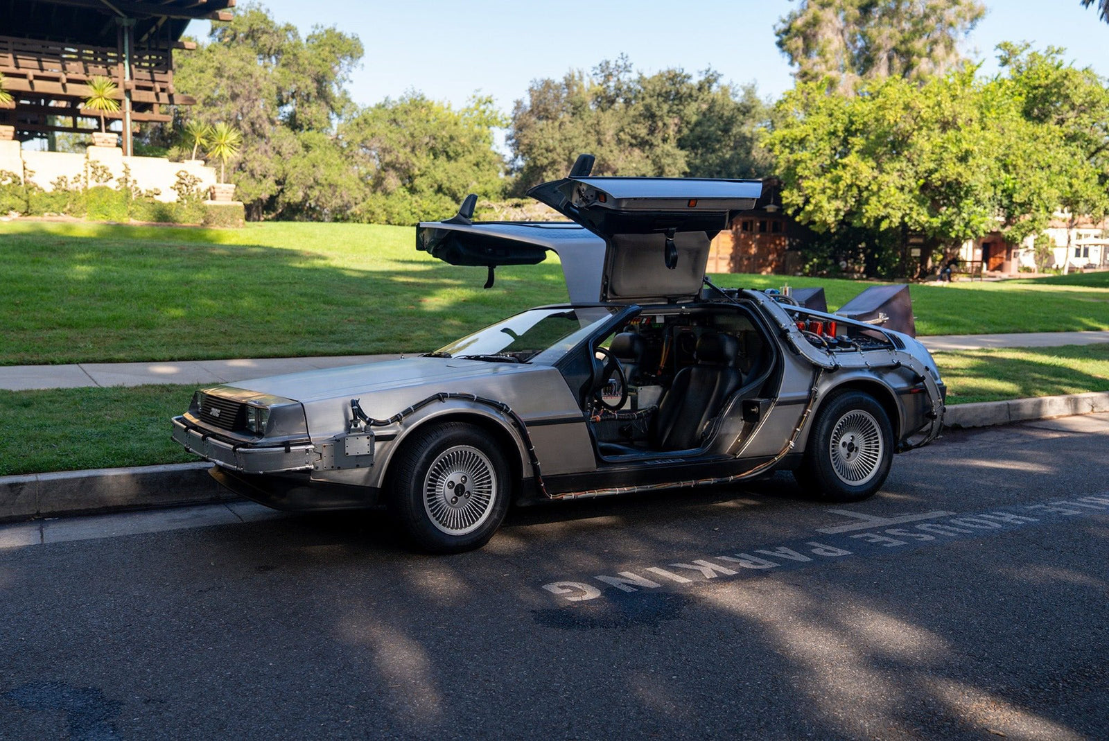 A silver DeLorean car with gull-wing doors open is parked on a street beside a grassy area, its "OUTATIME" license plate catching the eye—perfect for a Film Friday feature. Trees and buildings form the backdrop.