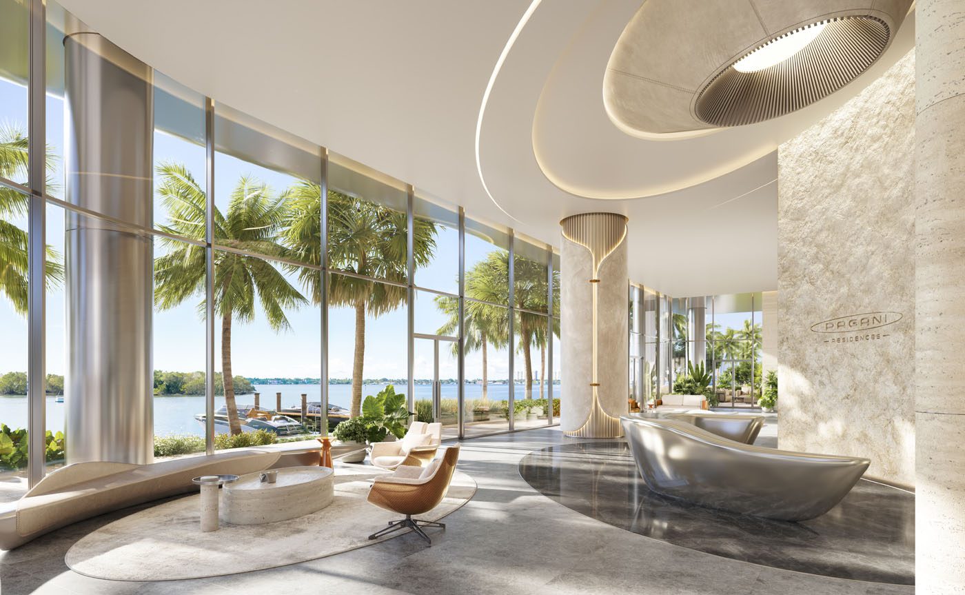 Modern lobby with large windows, palm trees outside, contemporary seating, and sleek architectural details; “Pagani Residences” logo on stone wall.