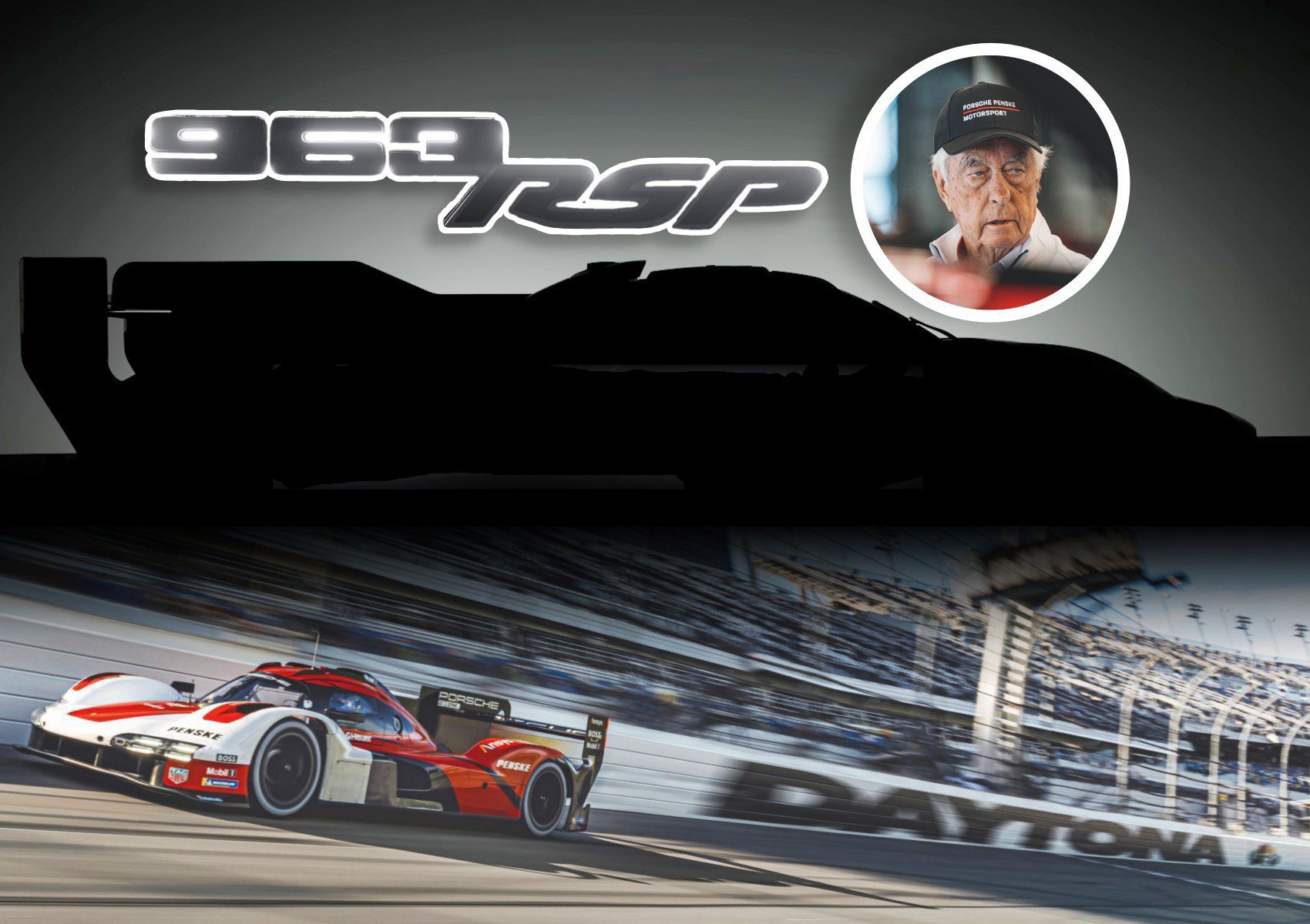 A silhouette of a race car with “969 RSP” text, a portrait of an elderly man in a cap—possibly Roger Penske—and a Porsche 963 RSP speeding on a track labeled "Daytona," capture the thrill of the Billionaire Race Team.
