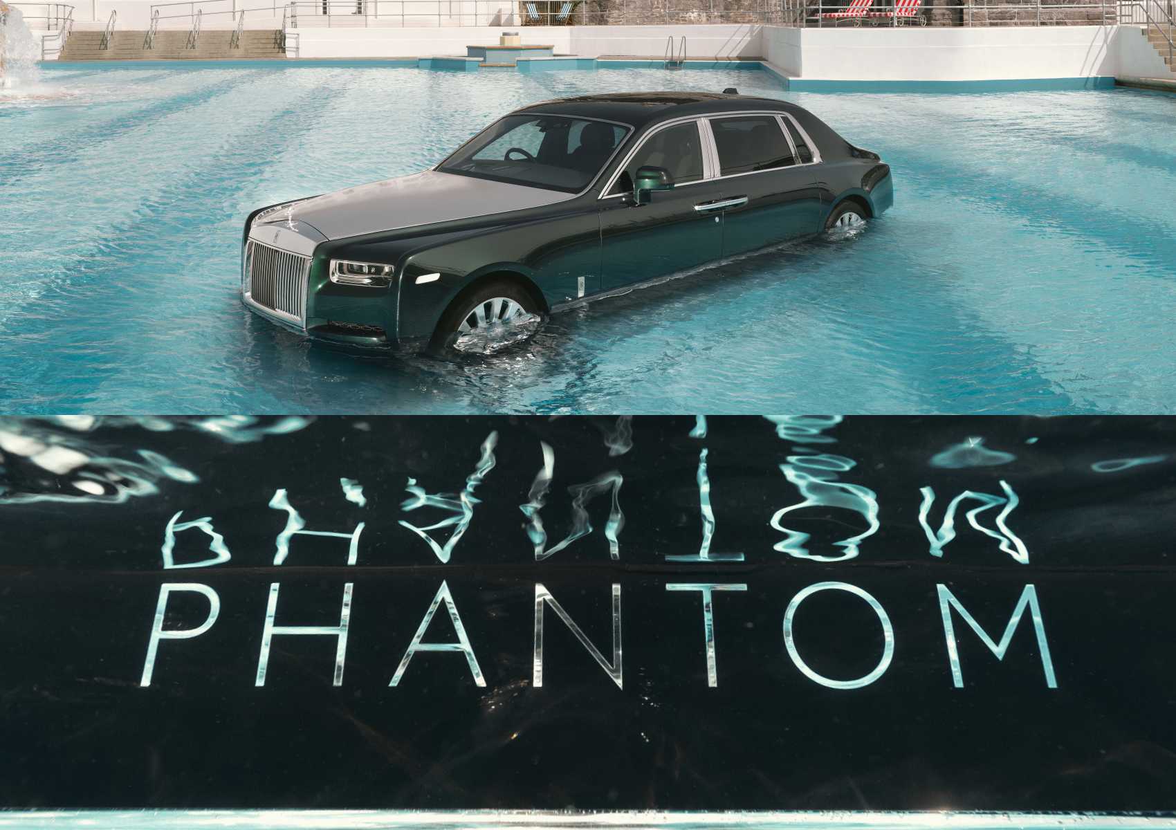 A Rolls-Royce Phantom is partially submerged in a swimming pool, its iconic "PHANTOM" lettering shimmering like music notes beneath the water's surface.