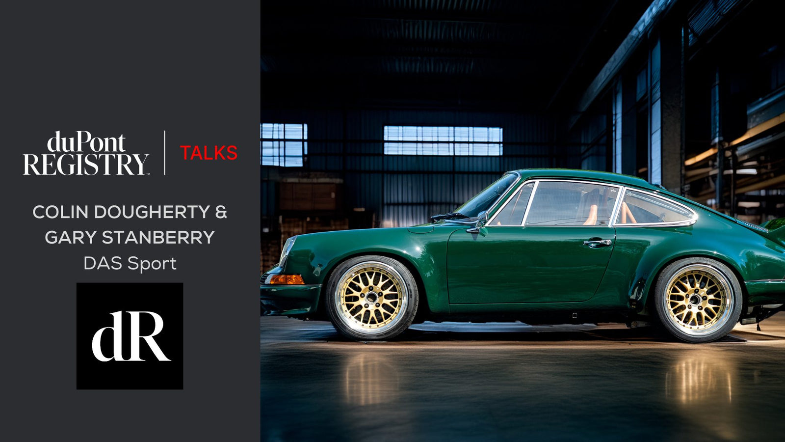 A green classic sports car with gold wheels is parked indoors; event details for a duPont Registry talk on Porsche Restoration with Colin Dougherty and Gary Stanberry of DAS Sport are shown on the left.