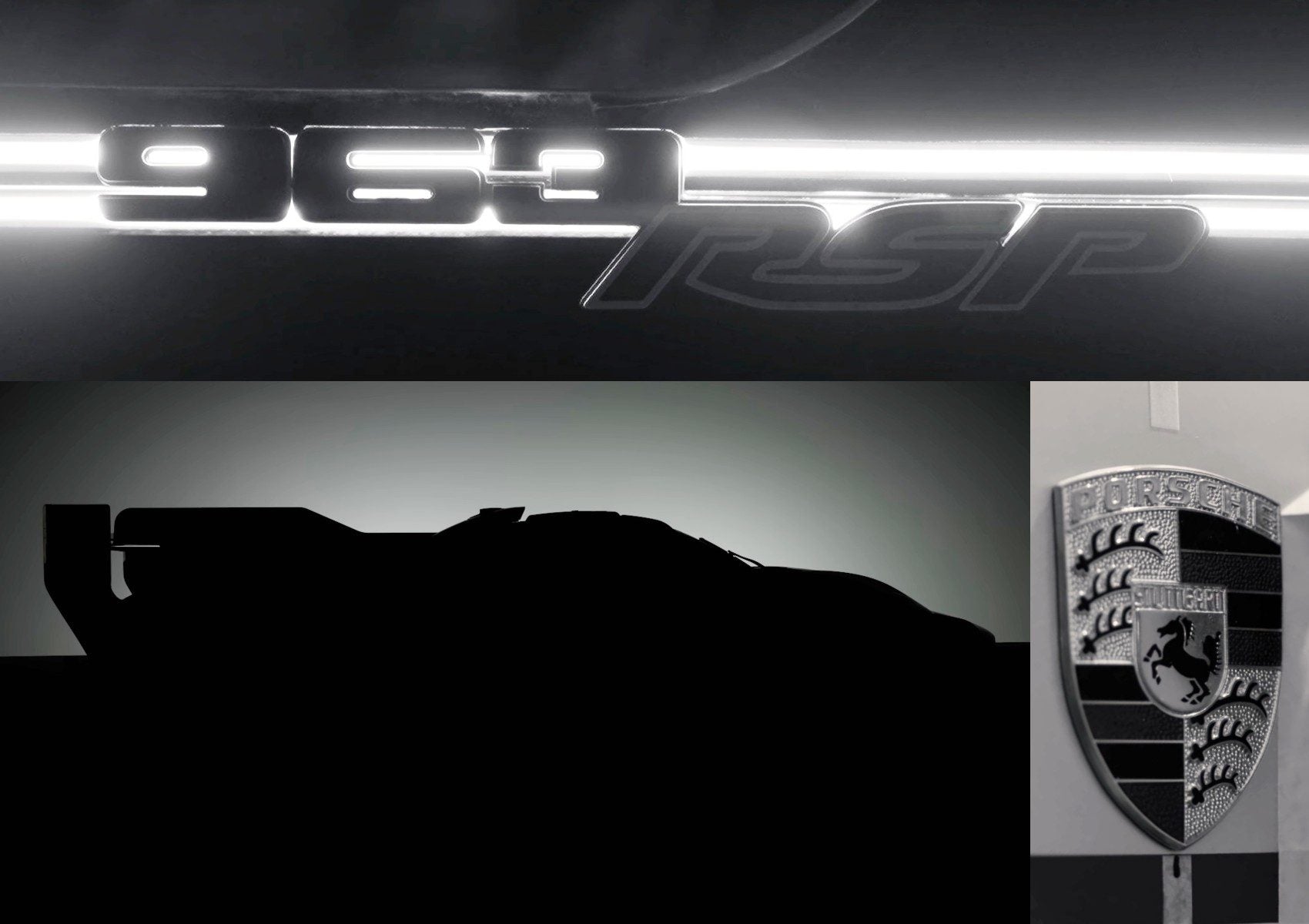 A backlit "963 RSR" badge, a side silhouette of a race car, and a Porsche crest are featured in this collage teasing the exclusive 1-of-1 Street-Legal Porsche 963 RSP Hypercar.