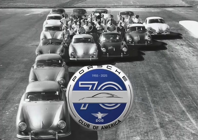 A group of classic Porsche cars arranged in a V shape with people inside and around them, reflecting the passion and community of the Porsche Club of America; a "Porsche Club of America 70th Anniversary" logo overlays the image.