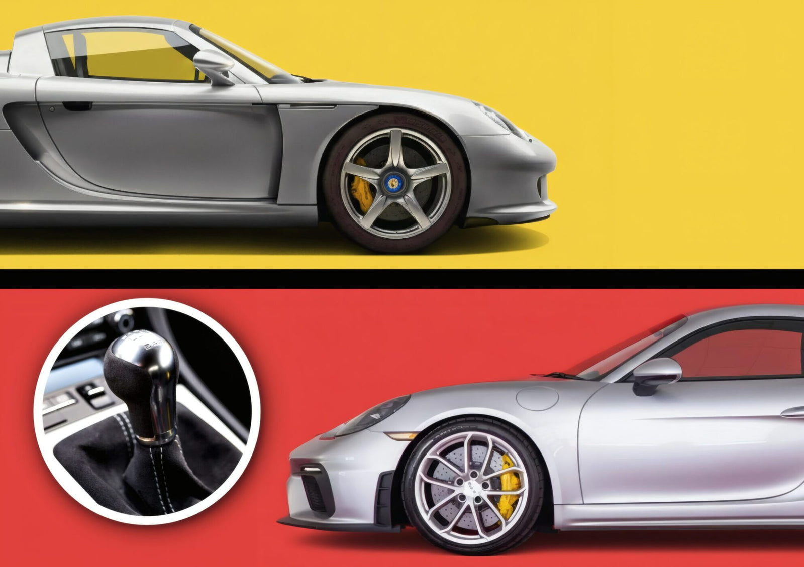 Two silver Porsche Carrera GT sports cars are shown in profile against yellow and red backgrounds, with an inset photo of a manual gear shift lever—a modern match of power and style.