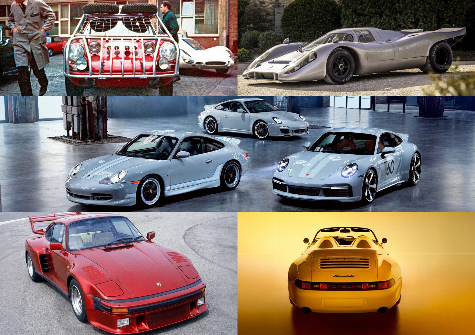 A collage of various Porsche sports cars from different eras, displayed in outdoor and indoor settings, highlighting Porsche Masterpieces: The Sonderwunsch & Exclusive Manufaktur Legacy through diverse models and designs.
