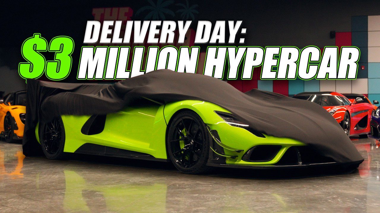 A bright green Hennessey Venom F5 hypercar partially covered with a black sheet. The text reads: "DELIVERY DAY: $3 MILLION HYPERCAR - Hamilton Collection.