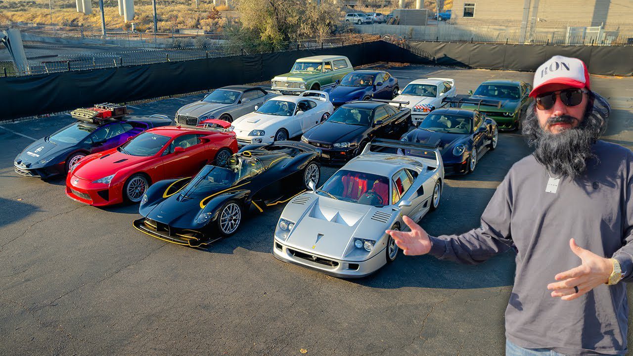 A person stands in front of a stunning lineup from Ron Tour, featuring an impressive array of supercars and hypercars parked in the lot.
