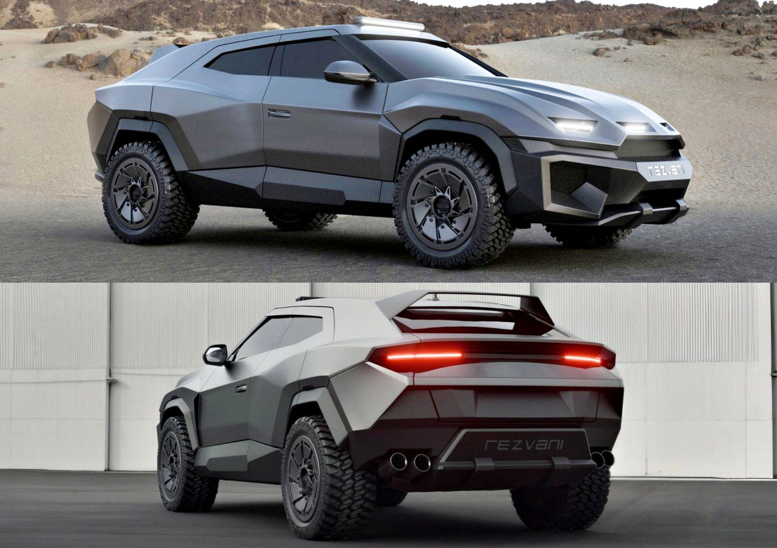 A matte gray Rezvani SUV, inspired by the apocolypse-ready spirit of the Lamborghini Urus, is shown from two angles: front side parked in a desert and rear side parked indoors.