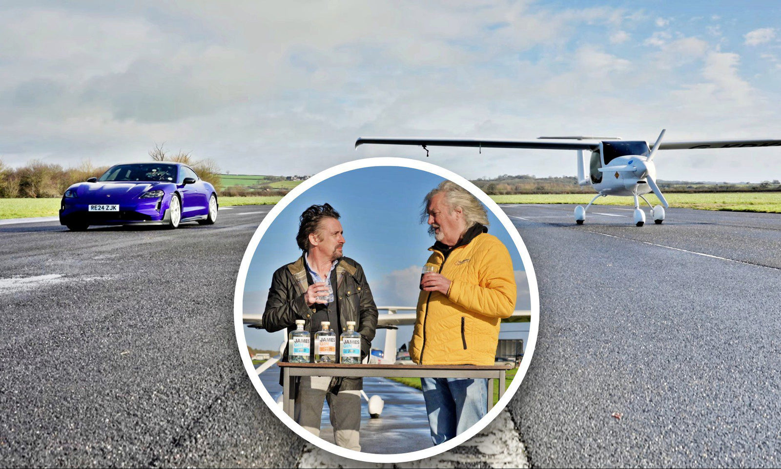 A purple sports car and a small plane are parked on a runway. Inset: Top Gear hosts Richard Hammond and James May stand at a table with bottles, talking and holding drinks.