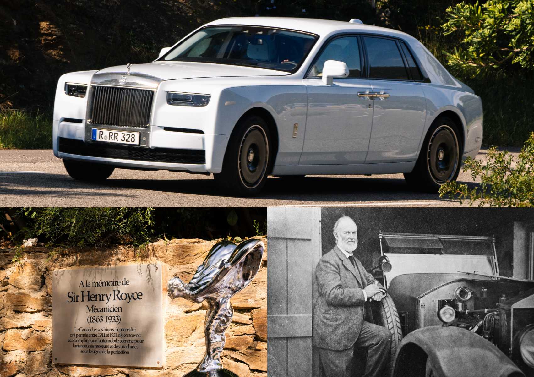 A collage featuring a modern Rolls-Royce Phantom, a memorial plaque for Sir Henry Royce, and an old black-and-white photo of a man beside a vintage car, celebrating the 100-year legacy of Rolls-Royce.