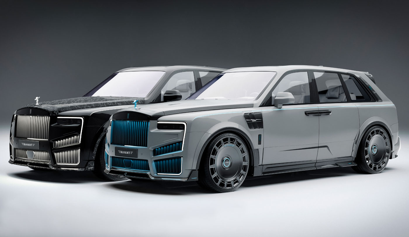Two luxury cars side by side in a showroom setting, showcasing sleek body designs, tinted windows, and distinctive front grills. One is a stunning Rolls-Royce Cullinan with Mansory customization, enhancing its already magnificent presence.