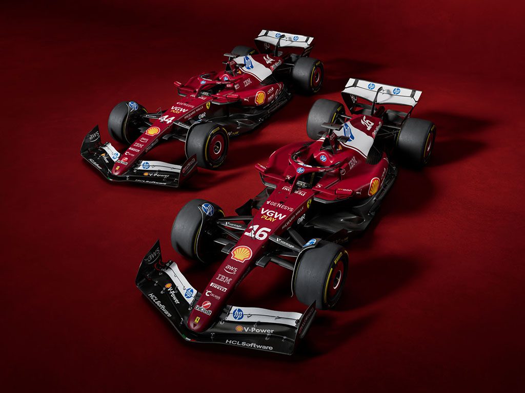 Two sleek Ferrari SF-25 F1 cars adorned with detailed sponsor logos and aerodynamic features are poised against a dark red backdrop, exuding racing excellence.