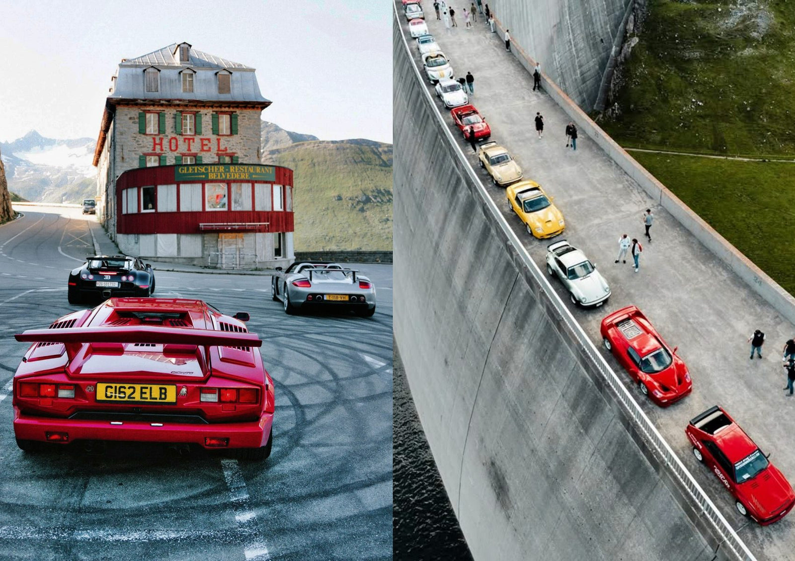 Left side: SOC Classic vintage icons parked near a mountain hotel. Right side: Sports cars, including modern exotics, line up on a curved dam road with people walking nearby.