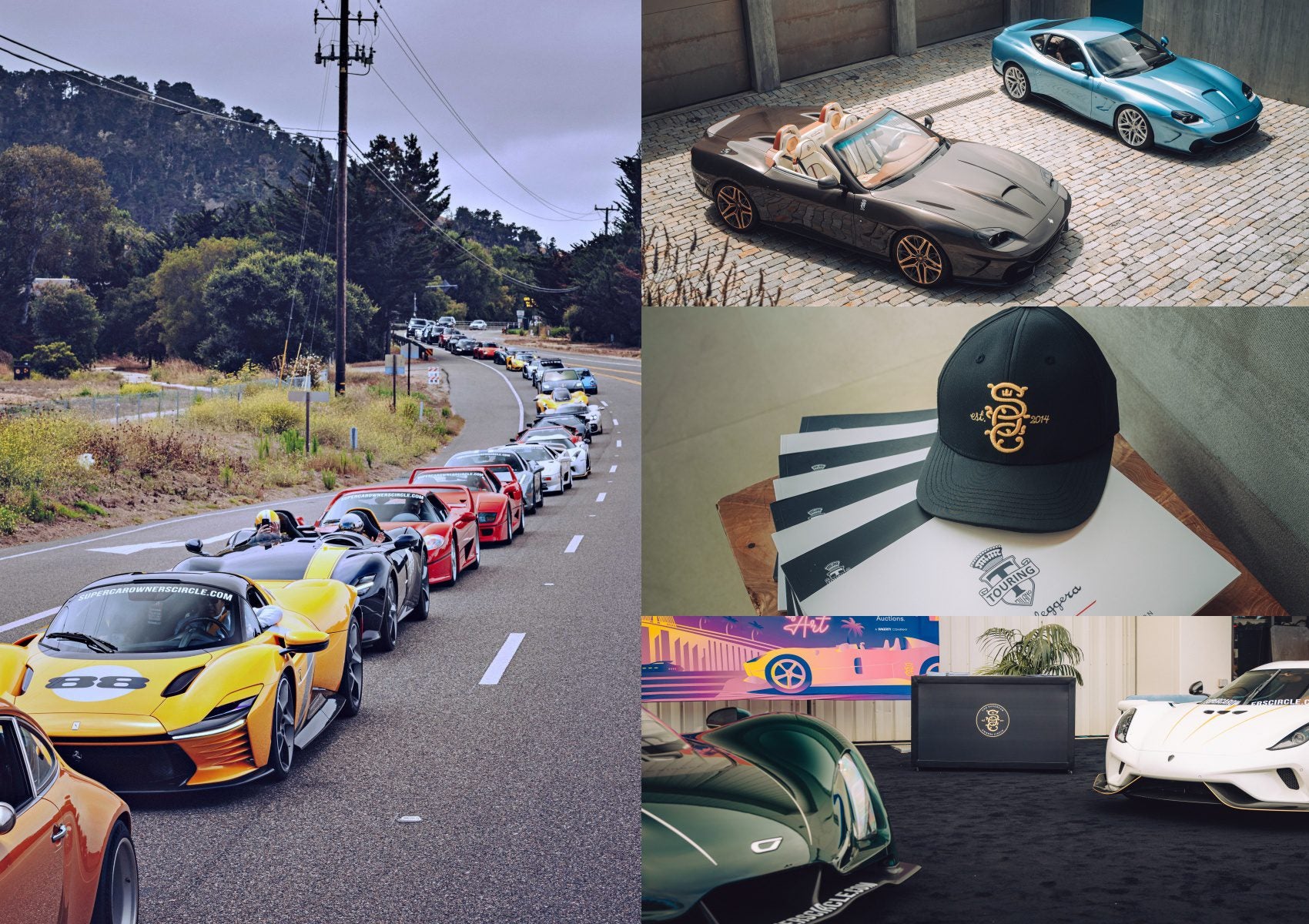 Collage showing a line of sports cars on a road, two convertibles, a blue coupe, Touring's Veloce12 Barchetta reveal, a black cap with gold logo, and a green car in a showroom with a Lamborghini logo.