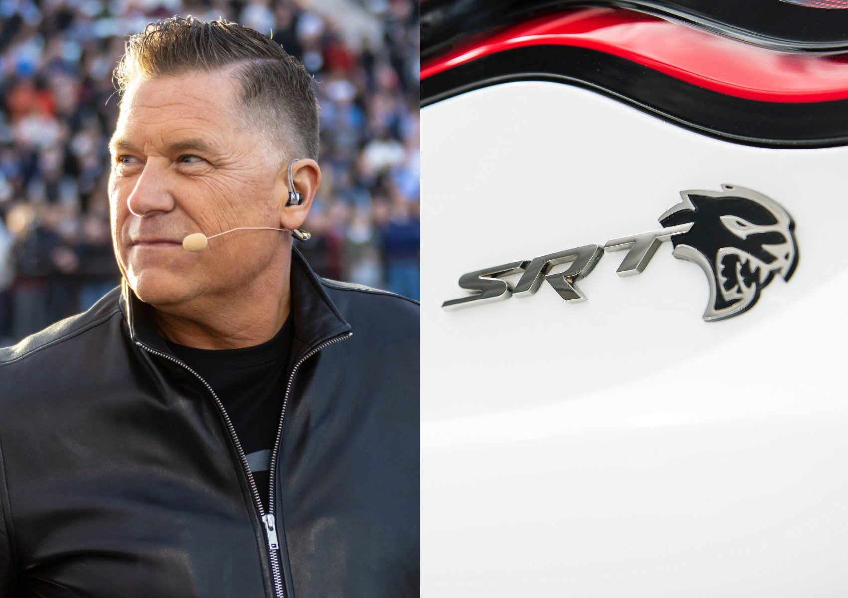 A man with a headset microphone stands outdoors; beside him is a close-up of a car badge with the "SRT" logo, reflecting the energy of "Back in the Driver’s Seat: Tim Kuniskis to Lead Stellantis’ Comeback In North America.