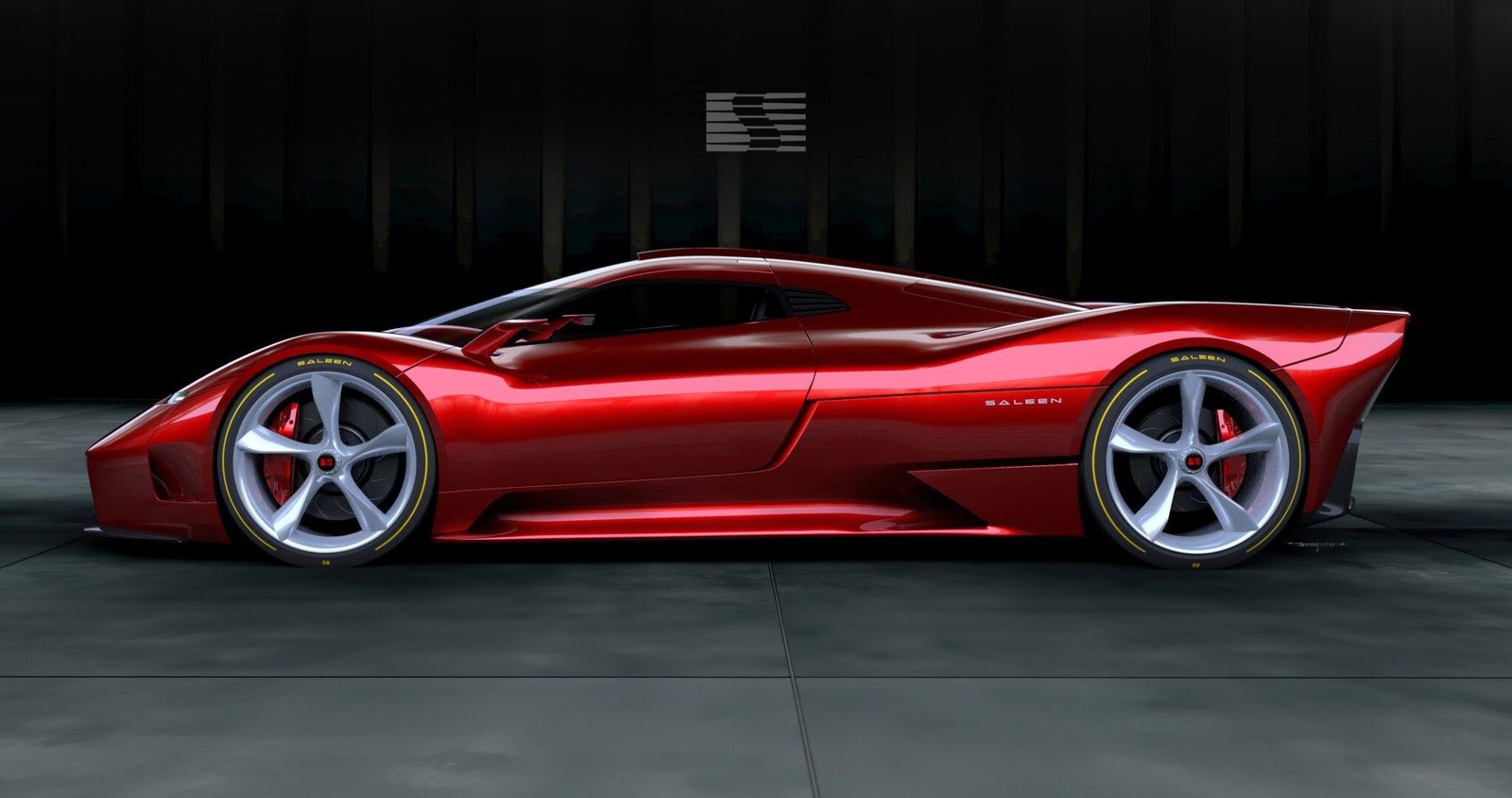 A red sports car with sleek aerodynamic design and large silver wheels is parked indoors on a tiled floor with a dark background.