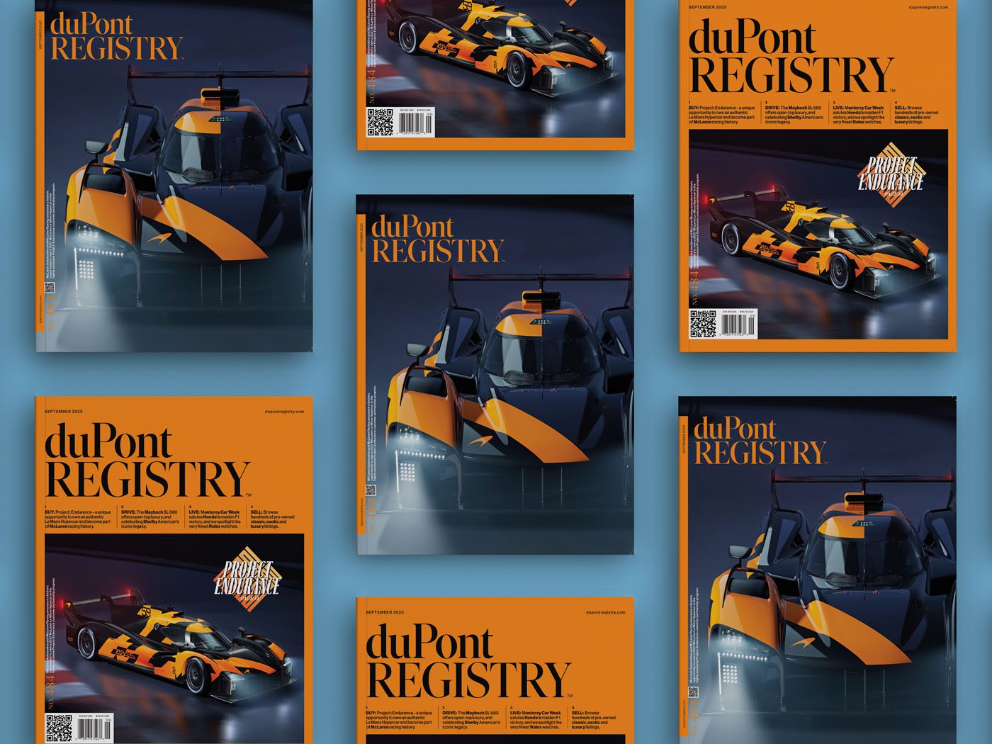 Multiple issues of duPont REGISTRY magazine are shown, including the September 2025 edition, featuring a close-up of a black and orange sports car on the cover against an orange background.