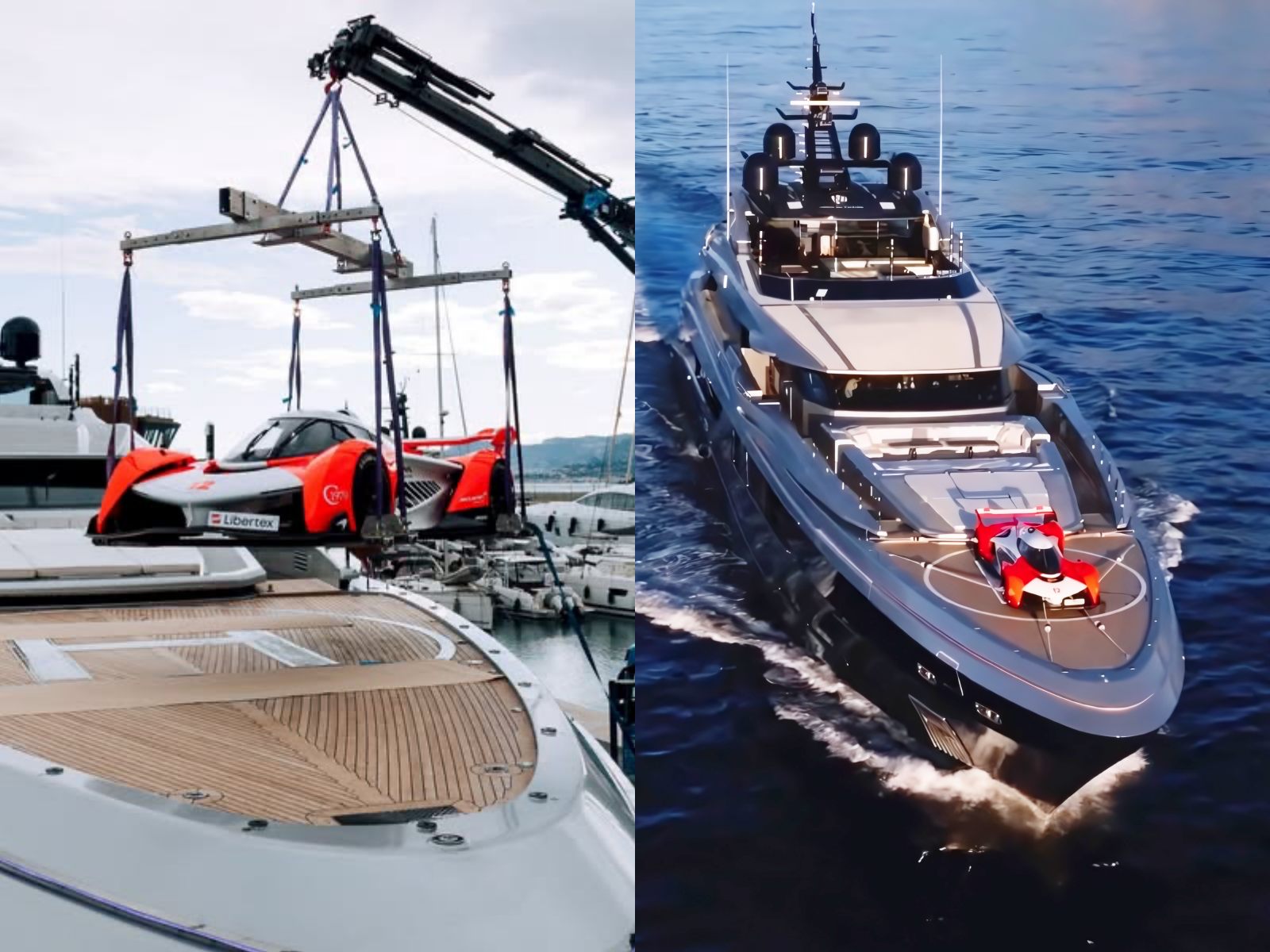 Split image: Left shows a Senna-Livery 1-of-25 McLaren Solus GT lifted onto a mega yacht in Monaco; right side, the same car sits on the yacht’s deck at sea.