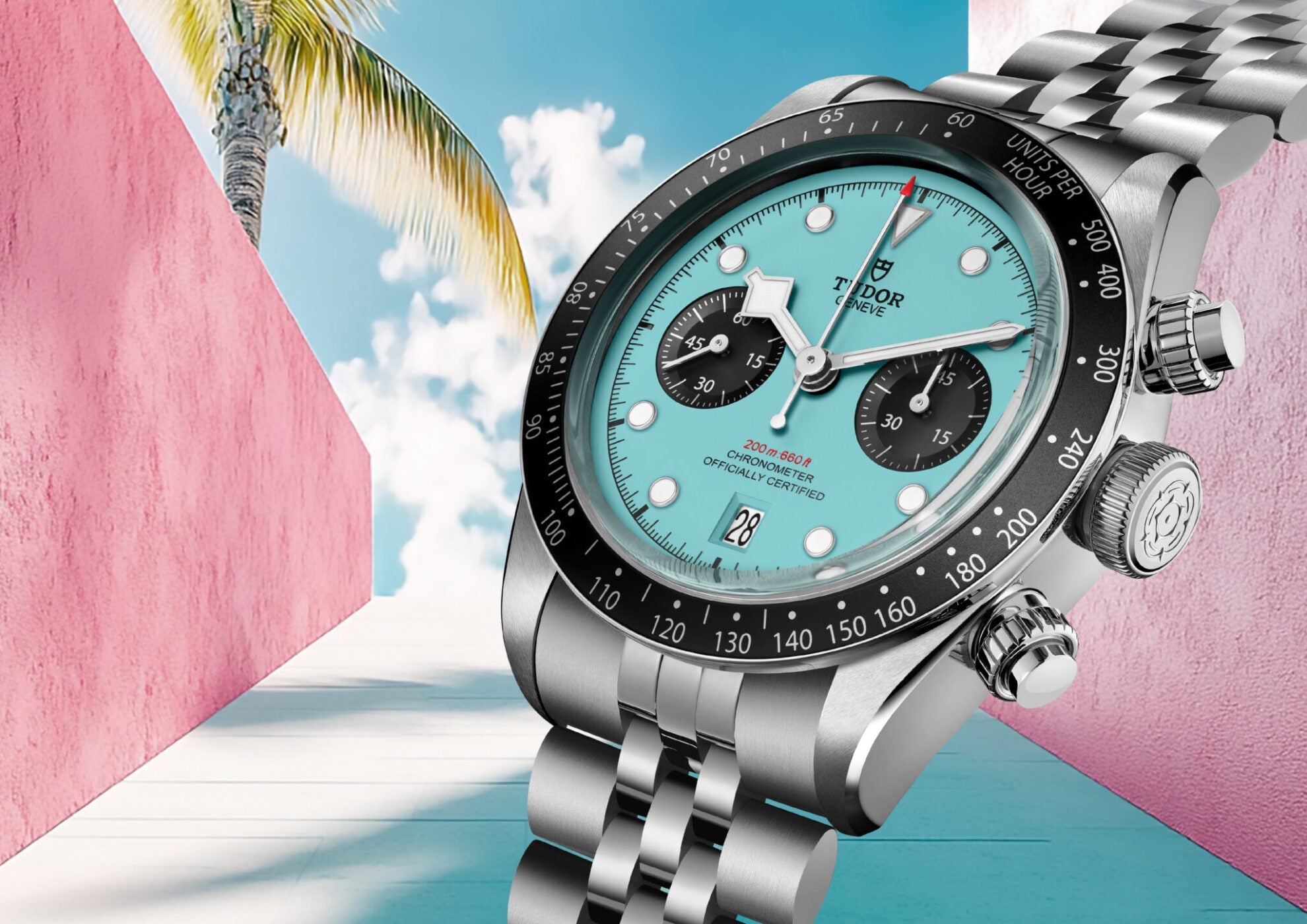 A TUDOR Black Bay Chrono wristwatch with a dazzling turquoise dial and black subdials is elegantly displayed against a pink-walled alley, where a lone palm tree sways under the Flamingo Blue sky.