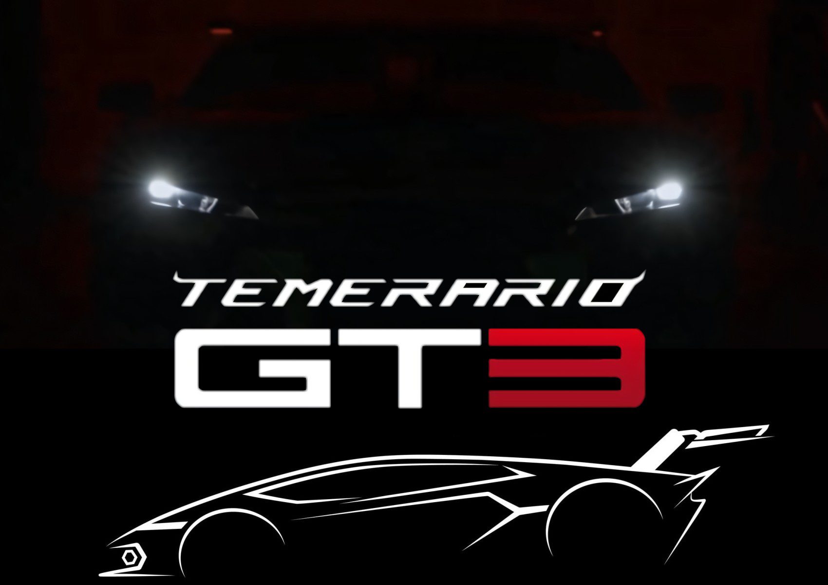 A dark sports car with illuminated headlights is shown above the text "TEMERARIO GT3" and a stylized white outline of the car, hinting at what Lamborghini Squadra Corse teases as the next evolution on a sleek black background.