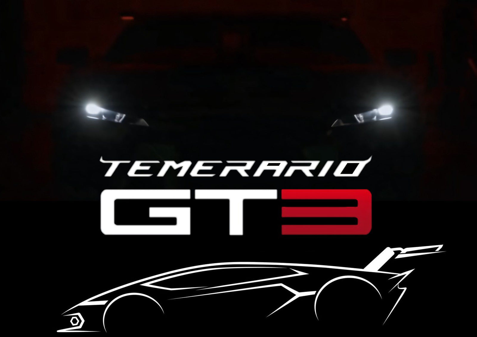 A dark sports car with illuminated headlights is shown above the text "TEMERARIO GT3" and a stylized white outline of the car, hinting at what Lamborghini Squadra Corse teases as the next evolution on a sleek black background.