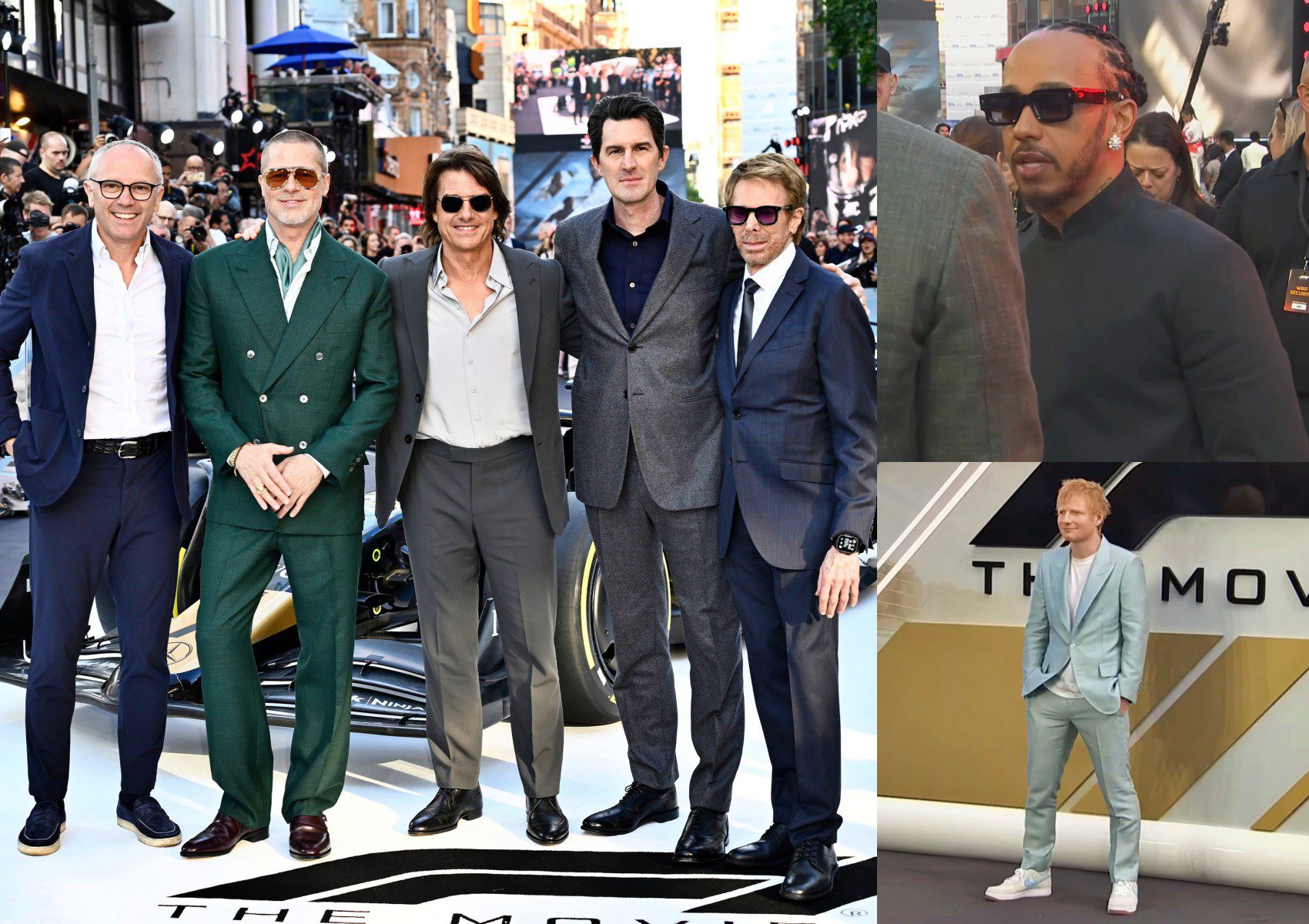 A group of five men in suits pose together outdoors; to the right, two men—possibly at the European Premiere of F1 The Movie—stand separately by a backdrop with "THE MOV" partially visible.