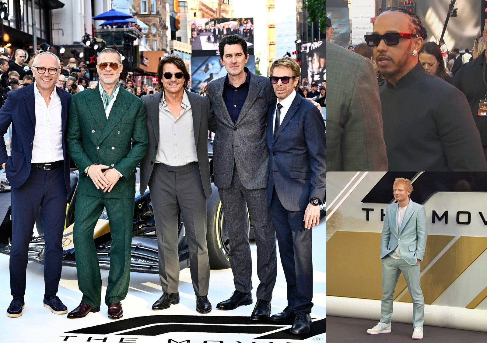 A group of five men in suits pose together outdoors; to the right, two men—possibly at the European Premiere of F1 The Movie—stand separately by a backdrop with "THE MOV" partially visible.