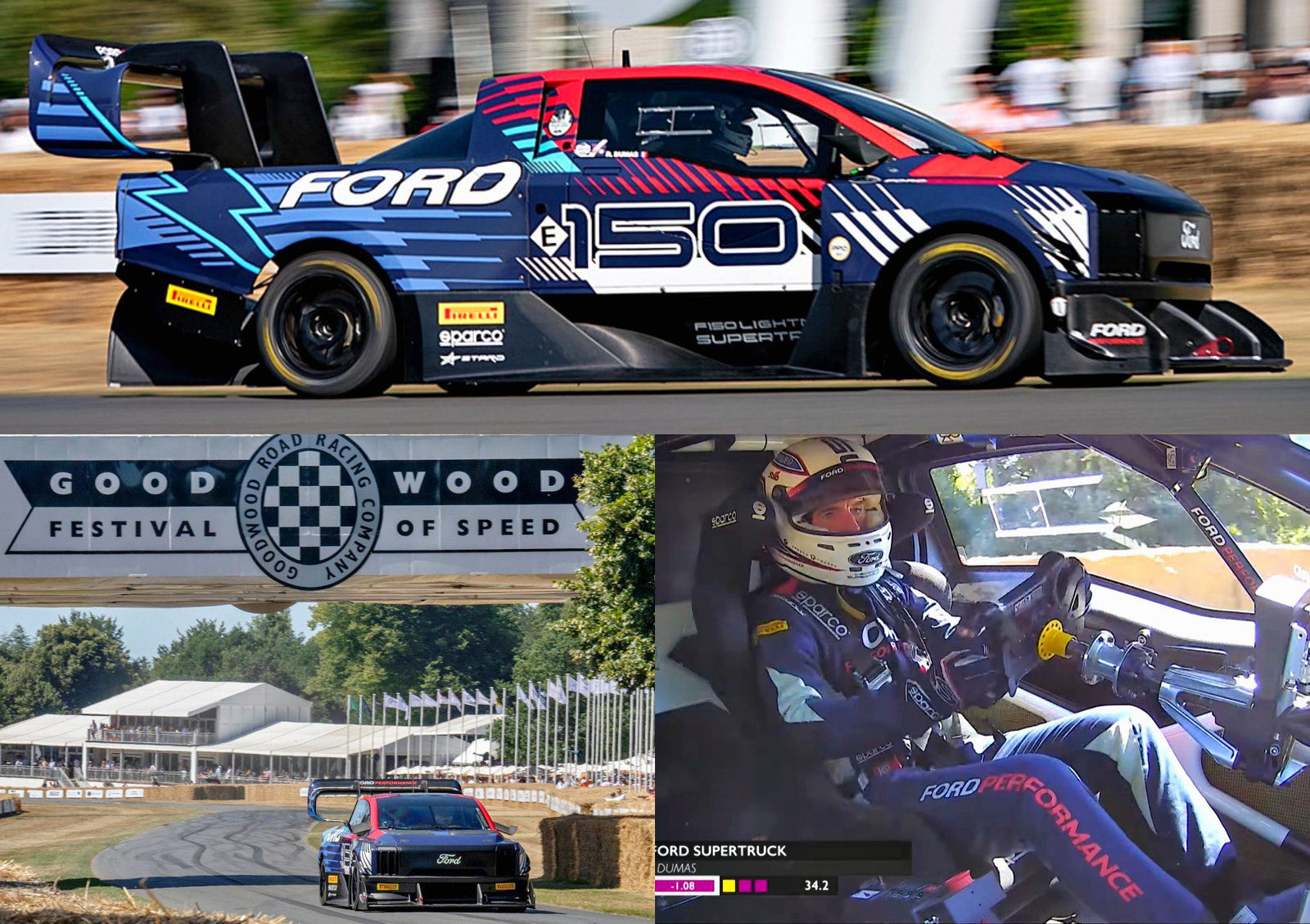 A Ford electric racing truck, featured among the 10 Fastest Cars At The 2025 Goodwood Festival Of Speed, competes with exterior and interior views shown, driver in helmet, and event signage visible.