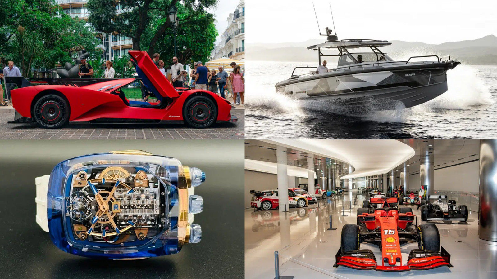 A four-image collage captures 20 Years of Top Marques Monaco: Highlights and Must-See Exhibits, featuring a red sports car, luxury speedboat on water, transparent watch mechanism, and a showroom display of racing cars.