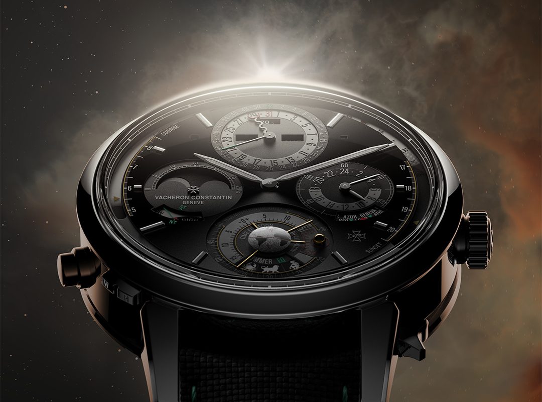 A luxury wristwatch with multiple subdials and a textured black strap, showcased amidst a space-themed background and glowing light above the watch face, is the star of Watches & Wonders 2025.