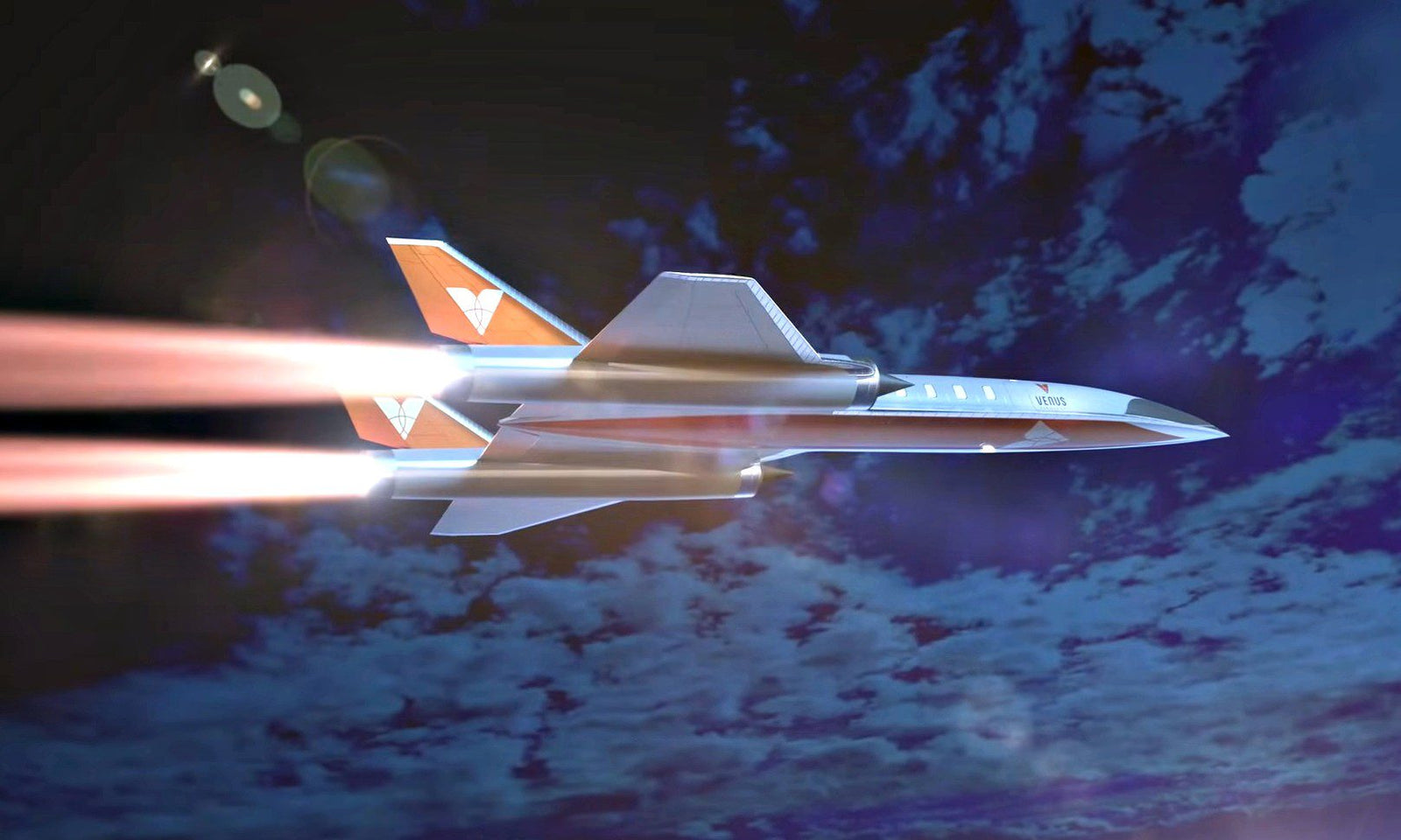 A futuristic jet aircraft with orange accents flies above the clouds at high speed, leaving bright exhaust trails behind—could this be the 4600 mph hypersonic jet that makes Miami to Dubai in 2 hours a reality?.