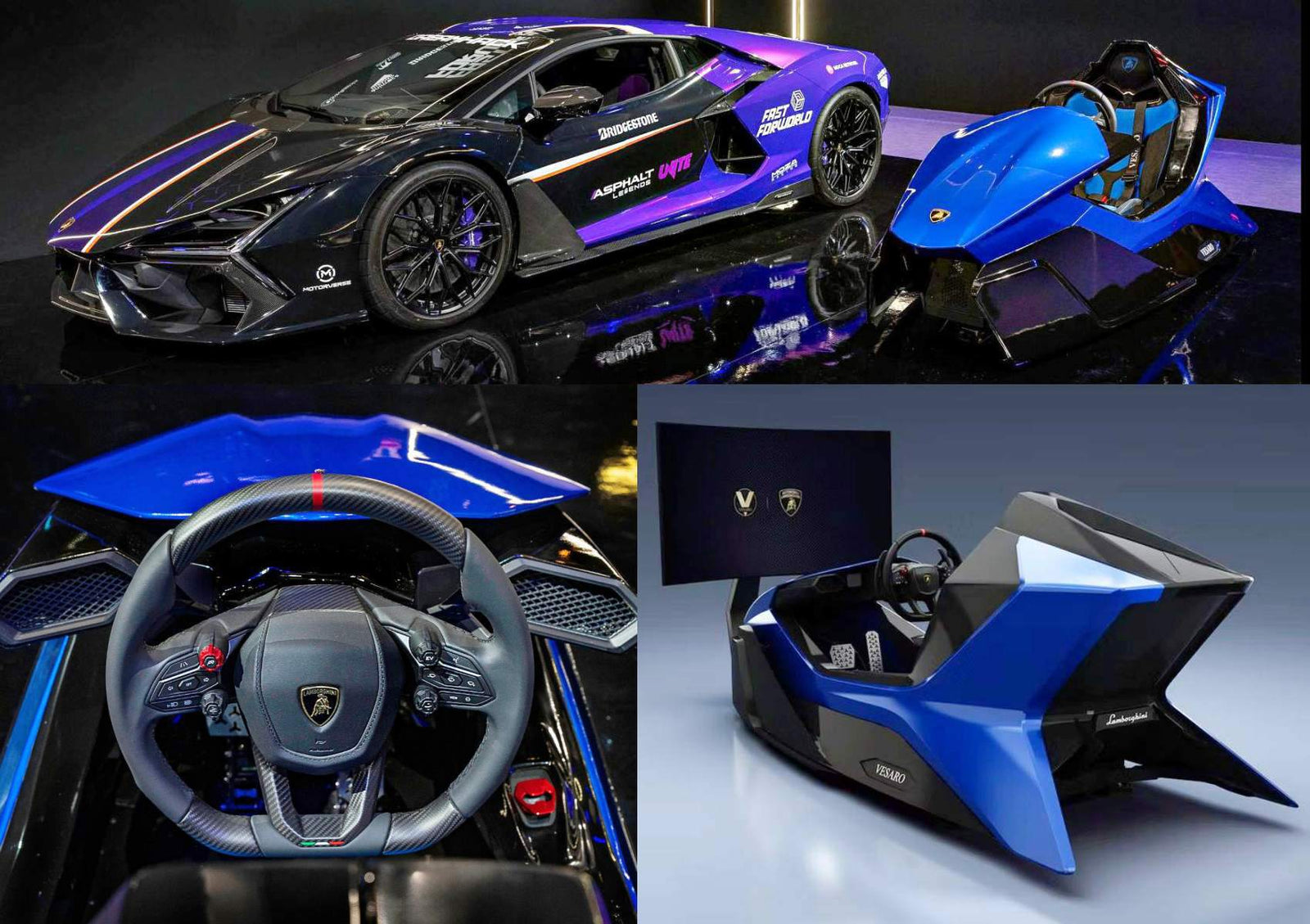 Collage showing a Lamborghini sports car, a blue racing simulator cockpit, a steering wheel close-up, and the simulator setup with a screen as Lamborghini invades DreamHack with an edgy racing rig.