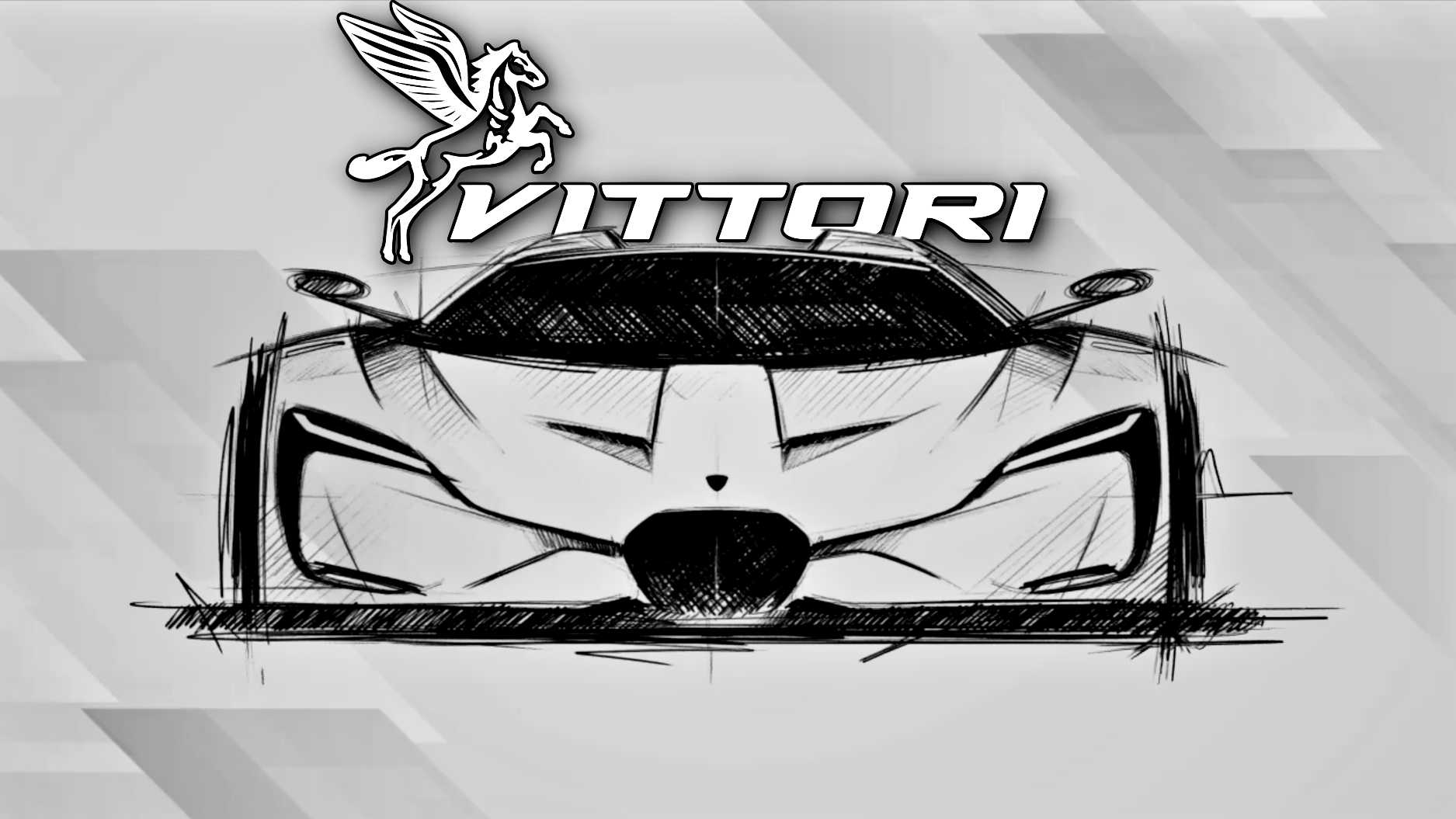 Black and white sketch of a Miami-inspired AI-engineered hypercar viewed from the front, with a winged horse logo and the word "VITTORI" above it.