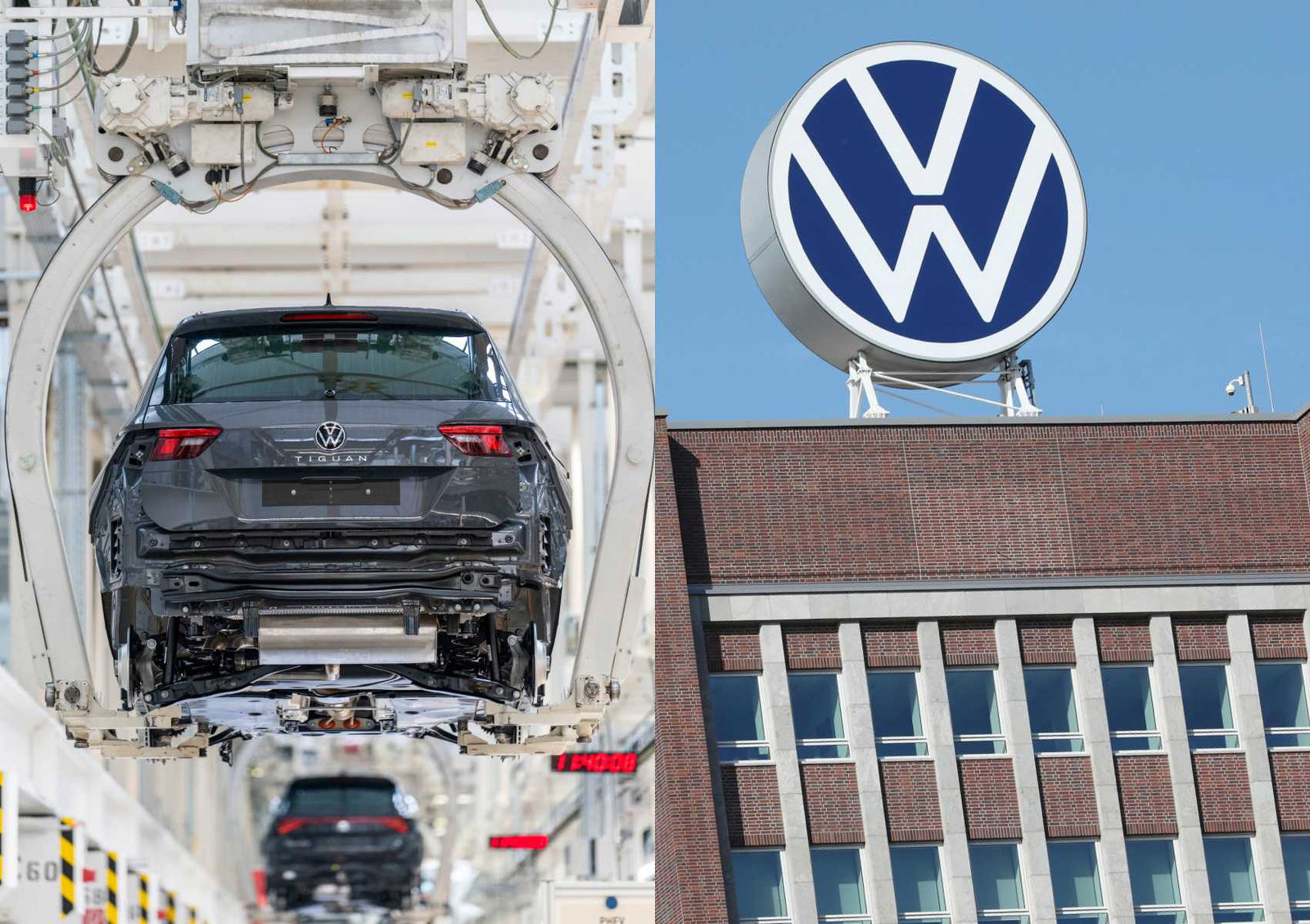 A Volkswagen car on an assembly line inside a factory is shown on the left; on the right, a Volkswagen logo is displayed atop a brick building, capturing the optimism as Euro auto stocks rally with the Japan-U.S. trade deal fueling growth.