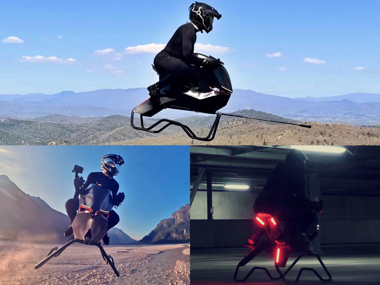 A person wearing a helmet and black suit rides a hovering bike-like vehicle—No Wings No Rotors: So How Does The Volonaut Airbike Fly?—outdoors in daylight and inside an indoor parking garage.