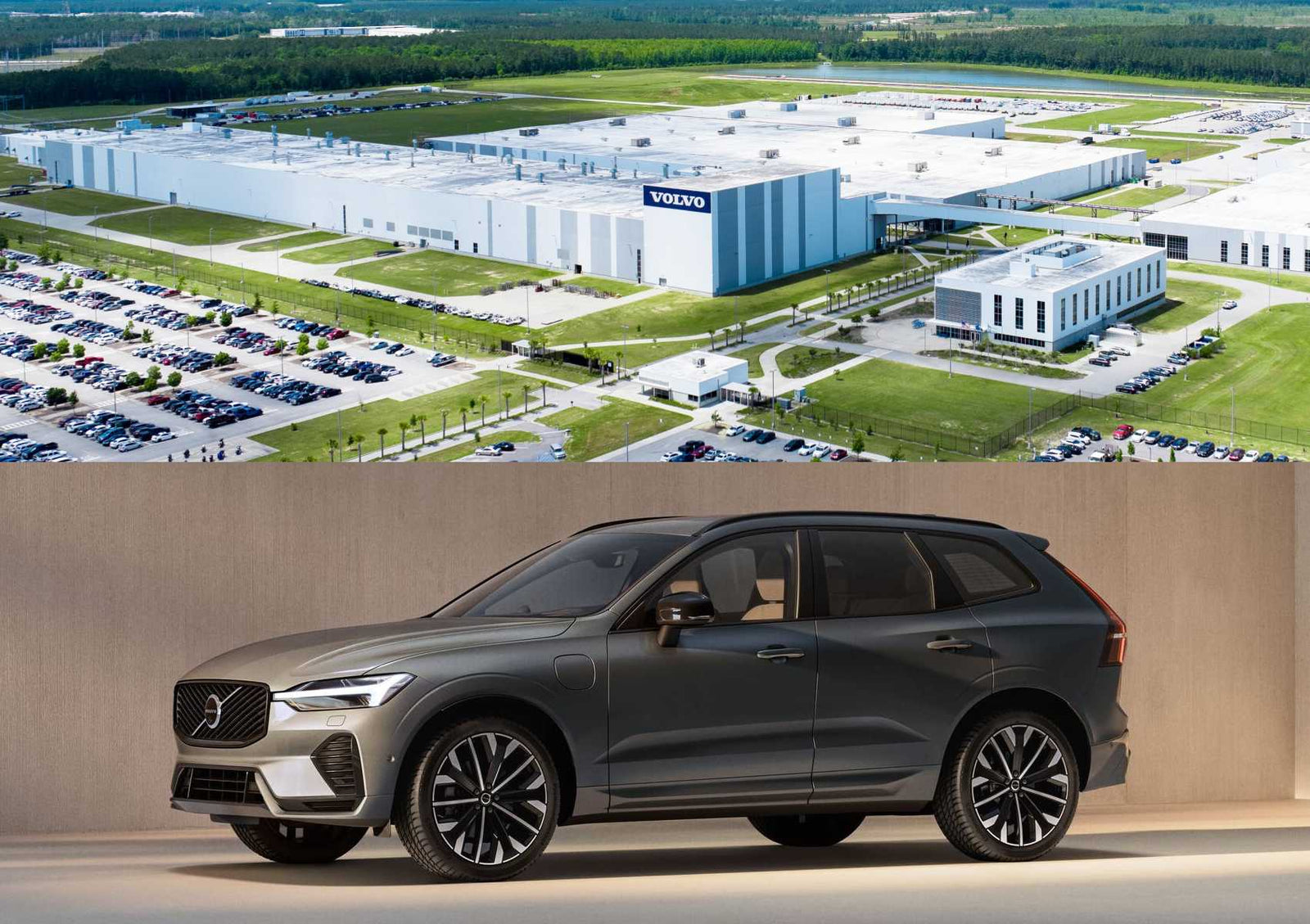 A large Volvo manufacturing plant with many parked cars is shown above, highlighting XC60 production, while a gray Volvo SUV is displayed below against a neutral background.