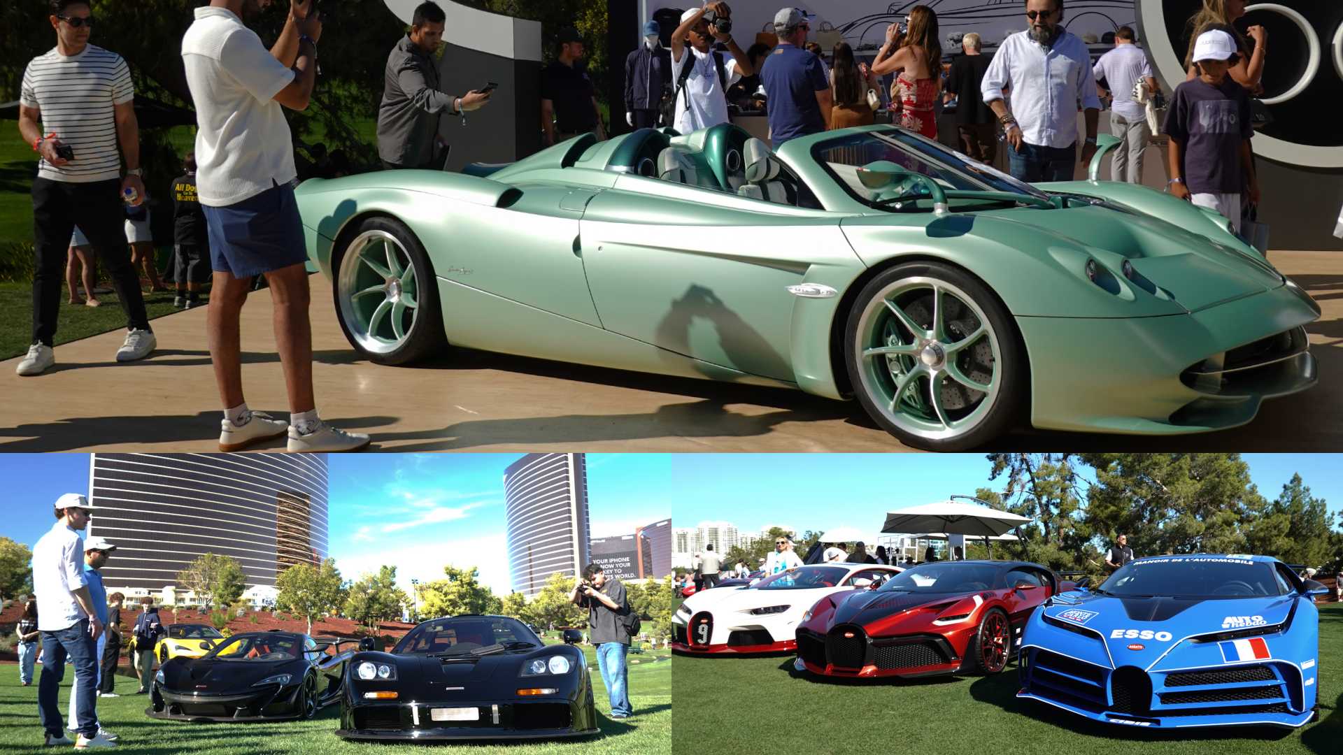 A green convertible sports car is on display with people taking photos above; below, high-end sports cars are showcased outdoors with spectators nearby at Wynn Concours 2025: Hypercars World Debuts and elevated hospitality in Las Vegas.