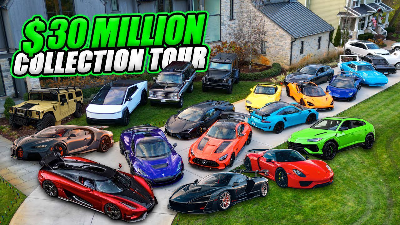 A collection of luxury sports cars, featuring supercars and hypercars in a stunning array of colors, is parked on the driveway. The elegant Hamilton Collection sits before a beautiful house backdrop. The text reads "$30 Million Collection Tour.
