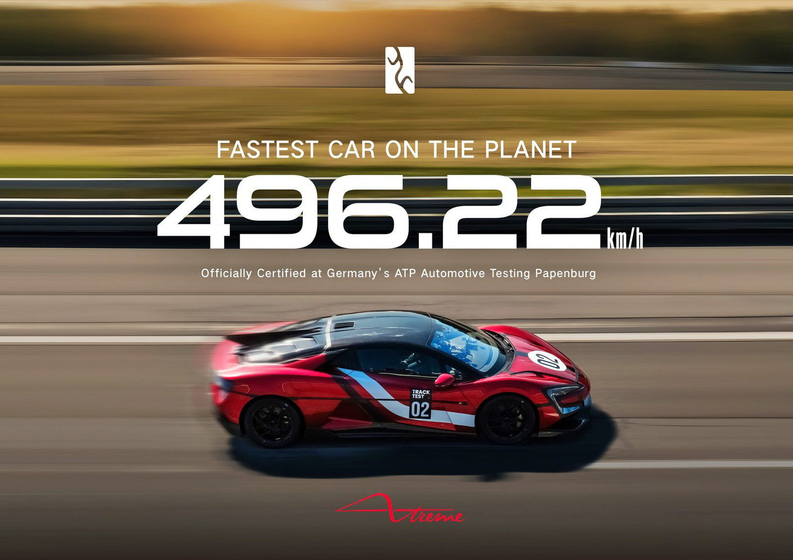 A red Yangwang U9 sports car speeds on a test track, with text stating "Fastest production car on the planet—308 MPH (496.22 km/h), officially certified at Germany’s ATP Automotive Testing Papenburg.