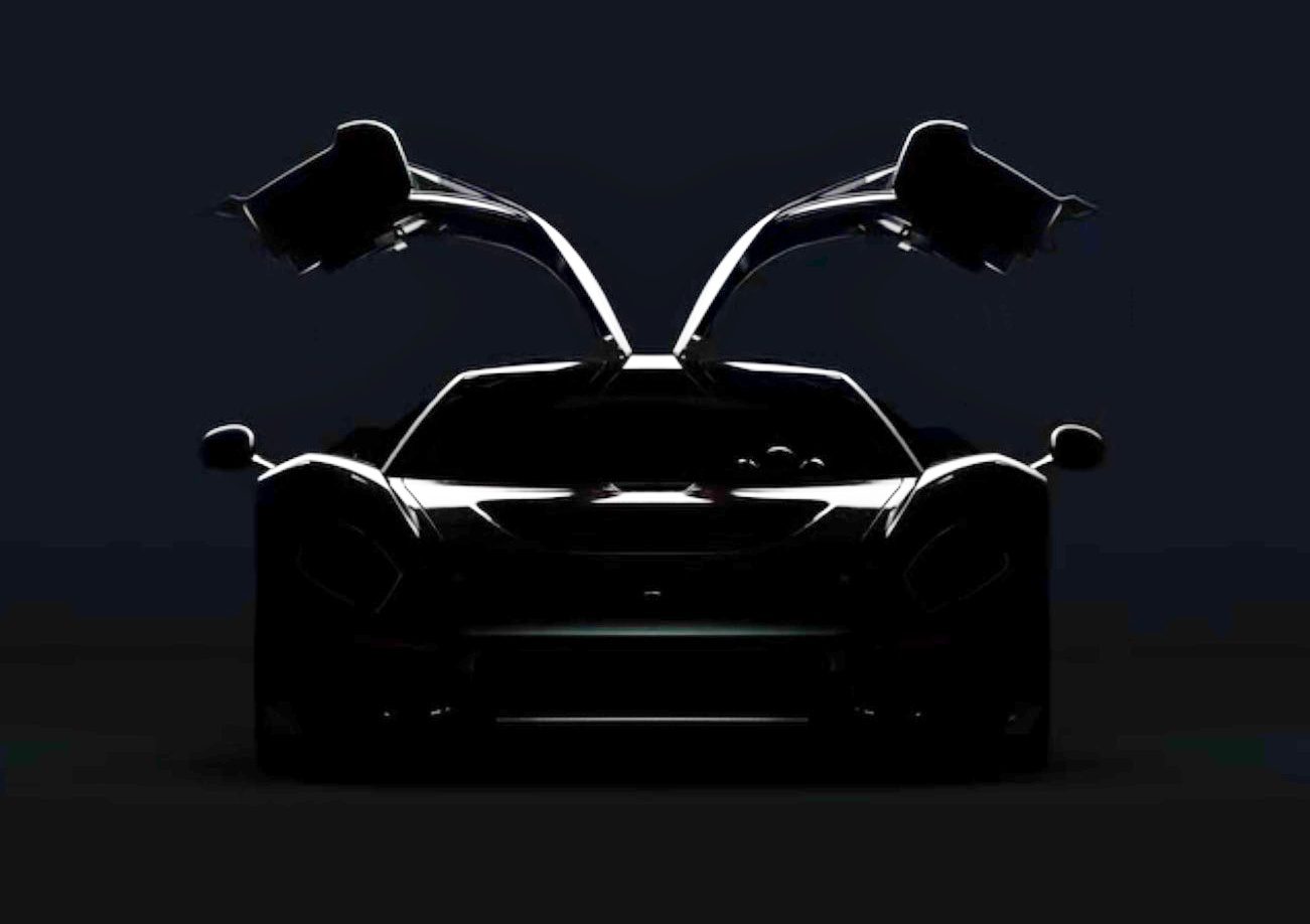 A dark silhouette of a Zagato sports car with both gullwing doors open, set against a black background.