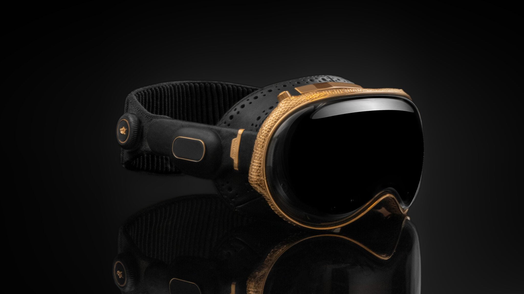 Black and gold ski goggles with a reflective lens reminiscent of Caviar luxury, set against a sleek black background.