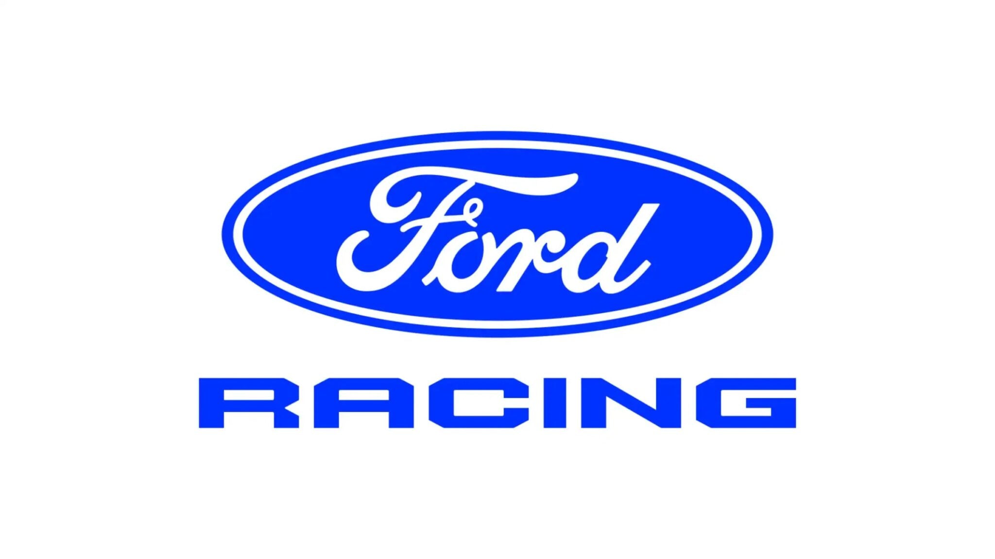 The image shows the blue Ford logo above the word "RACING" in bold, blue capital letters on a white background.